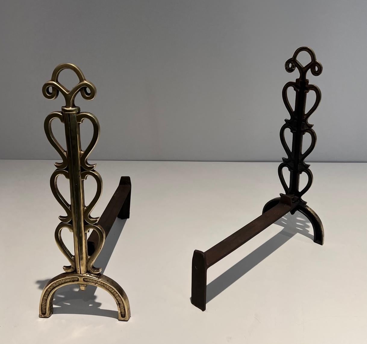 Pair of Brass Andirons in the Style of Raymond Subes In Good Condition For Sale In Marcq-en-Barœul, Hauts-de-France