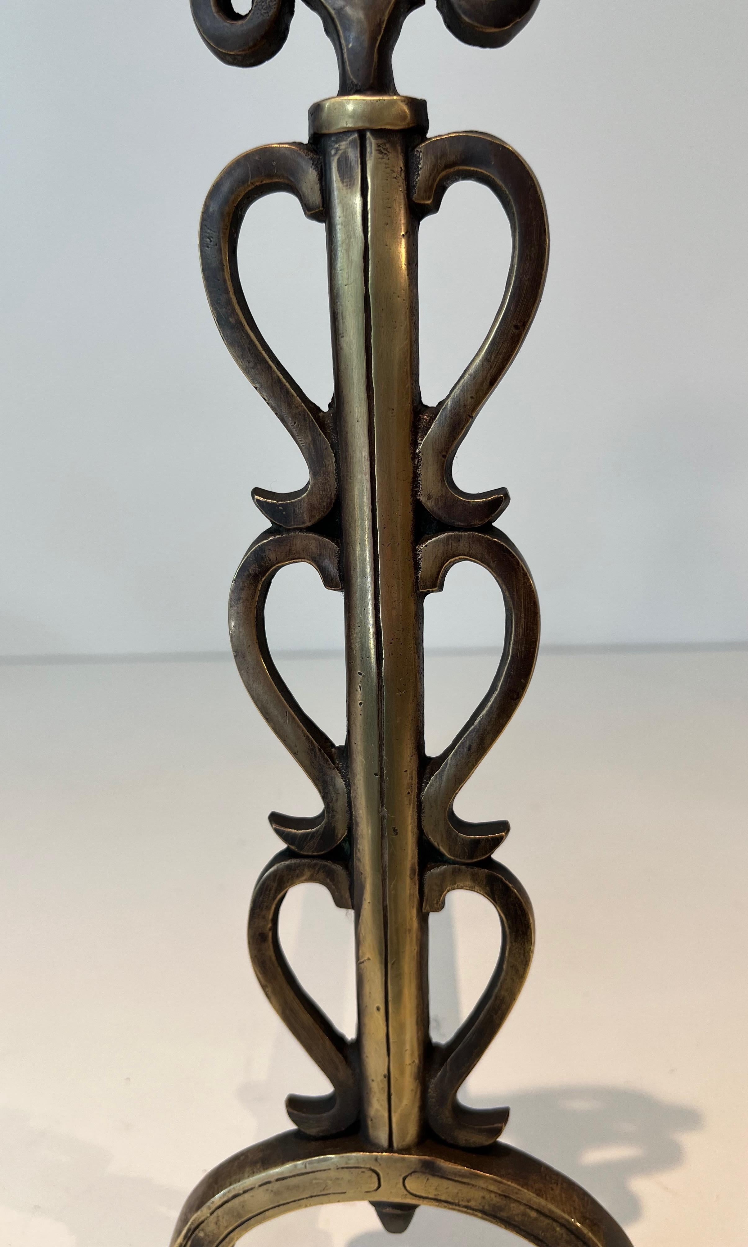 Pair of Brass Andirons in the Style of Raymond Subes For Sale 1