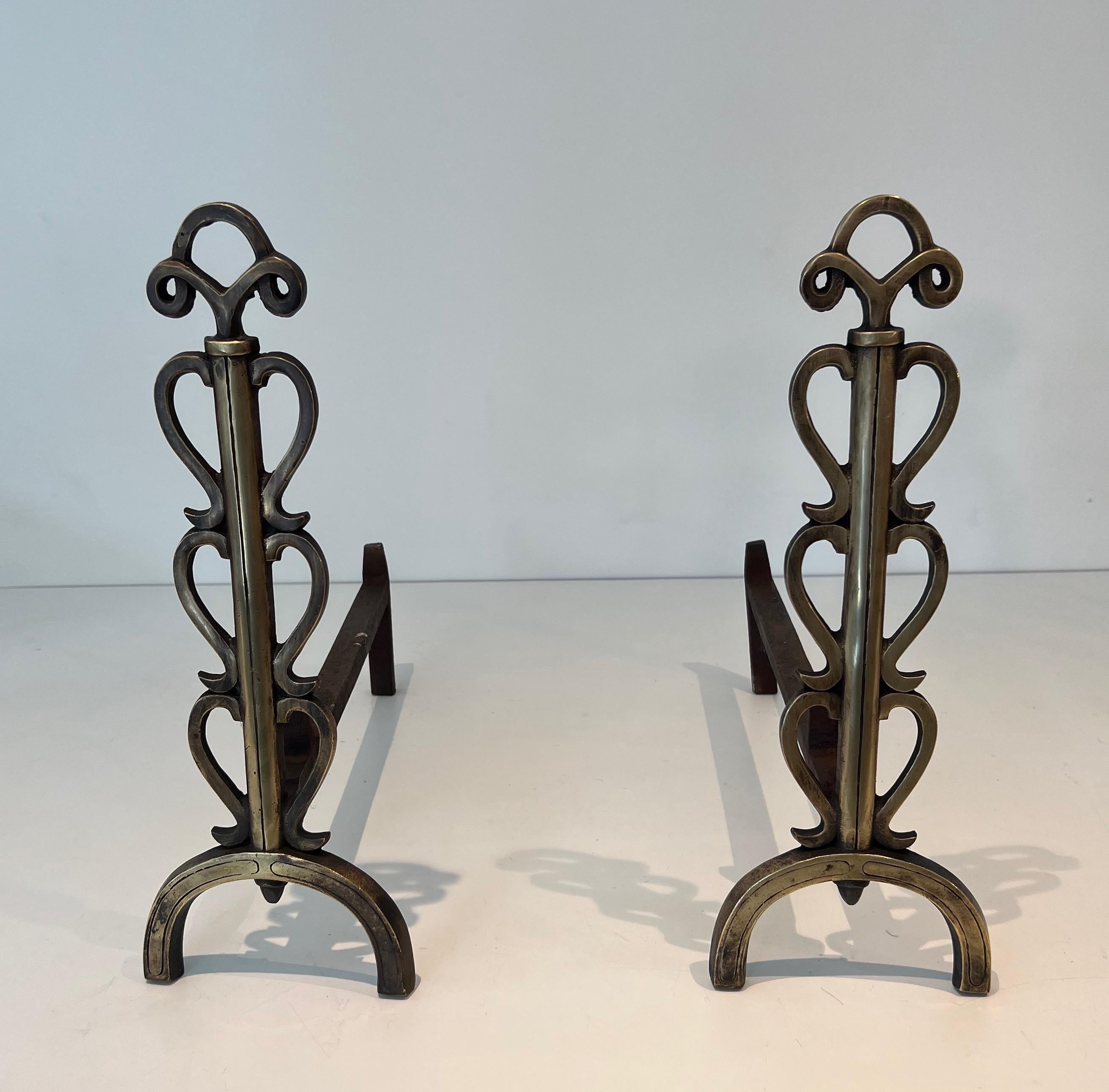 Pair of Brass Andirons in the Style of Raymond Subes For Sale 3