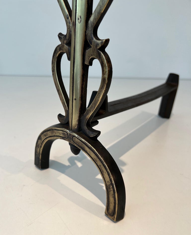 Pair De Chenets Modernistes En Fer Forgé. French work by Raymond Subes. Circa 1940