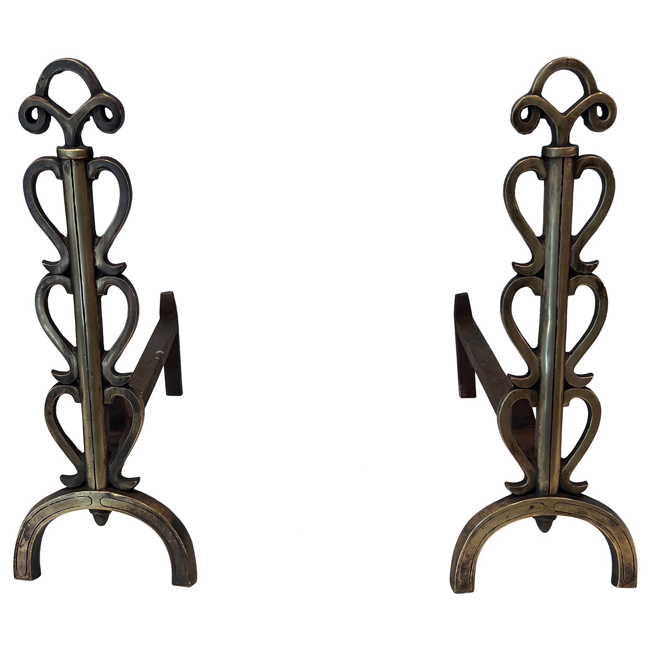 Pair of Brass Andirons in the Style of Raymond Subes