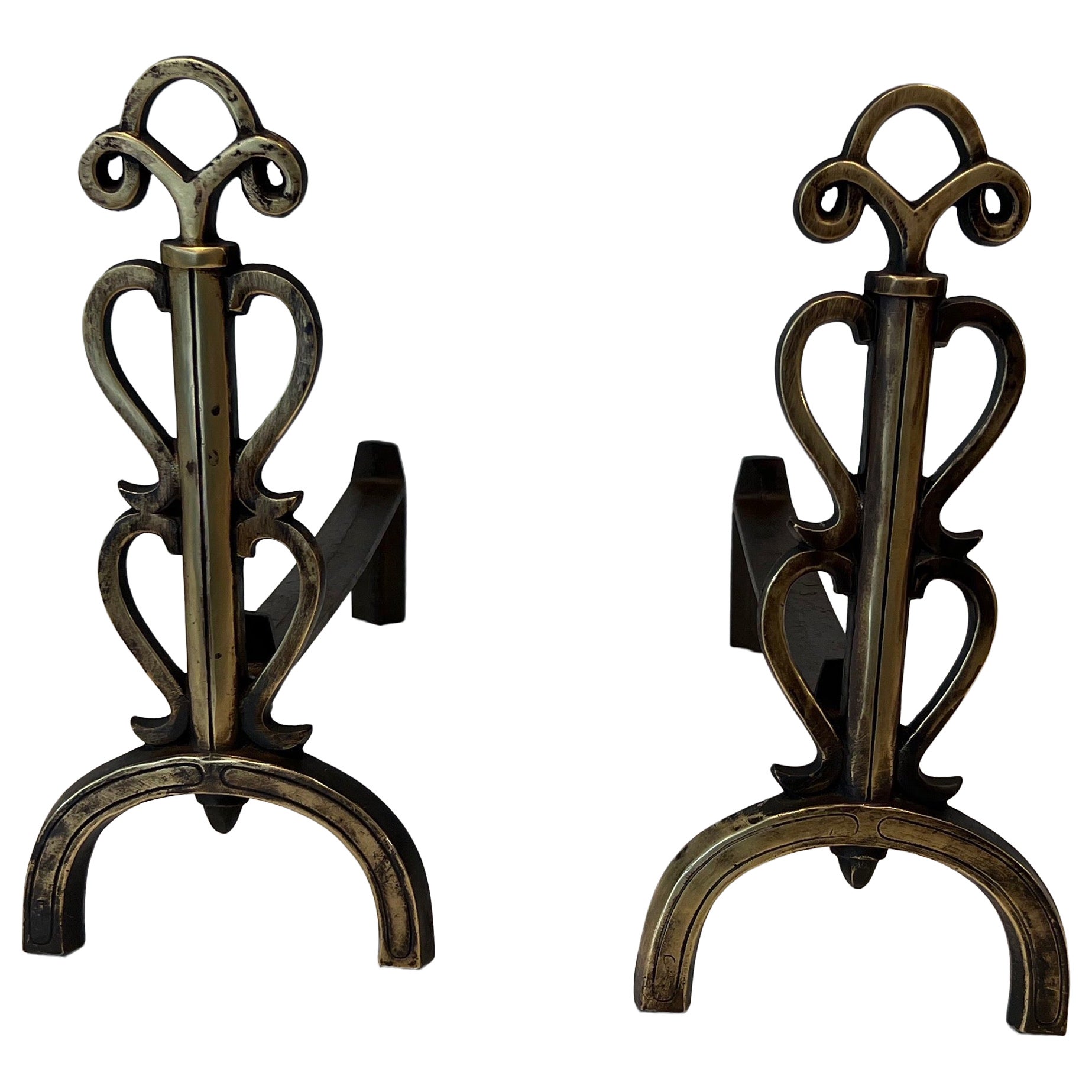 Pair of Brass Andirons in the Style of Raymond Subes