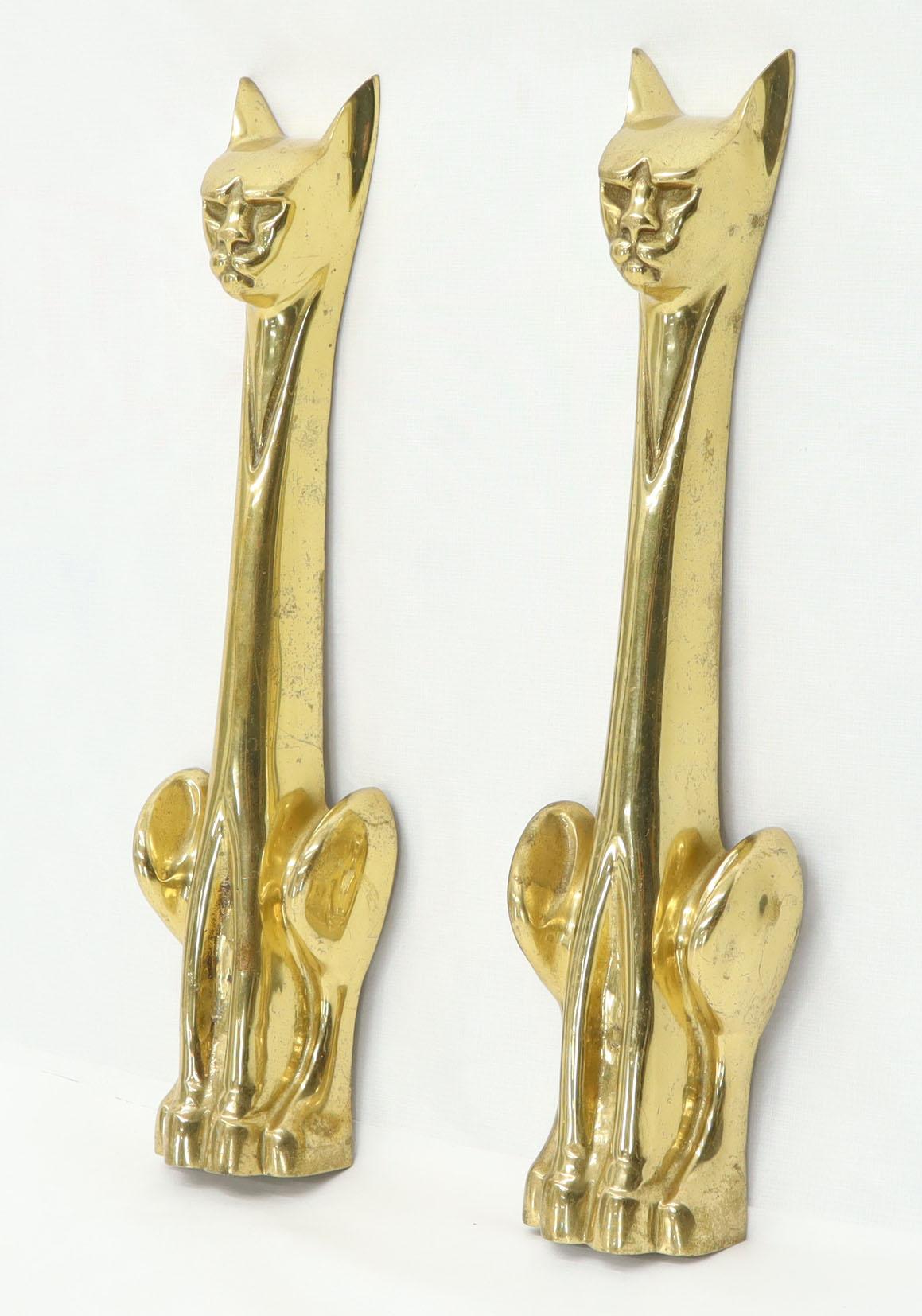 Pair of tall cast brass brass Mid-Century Modern andirons.