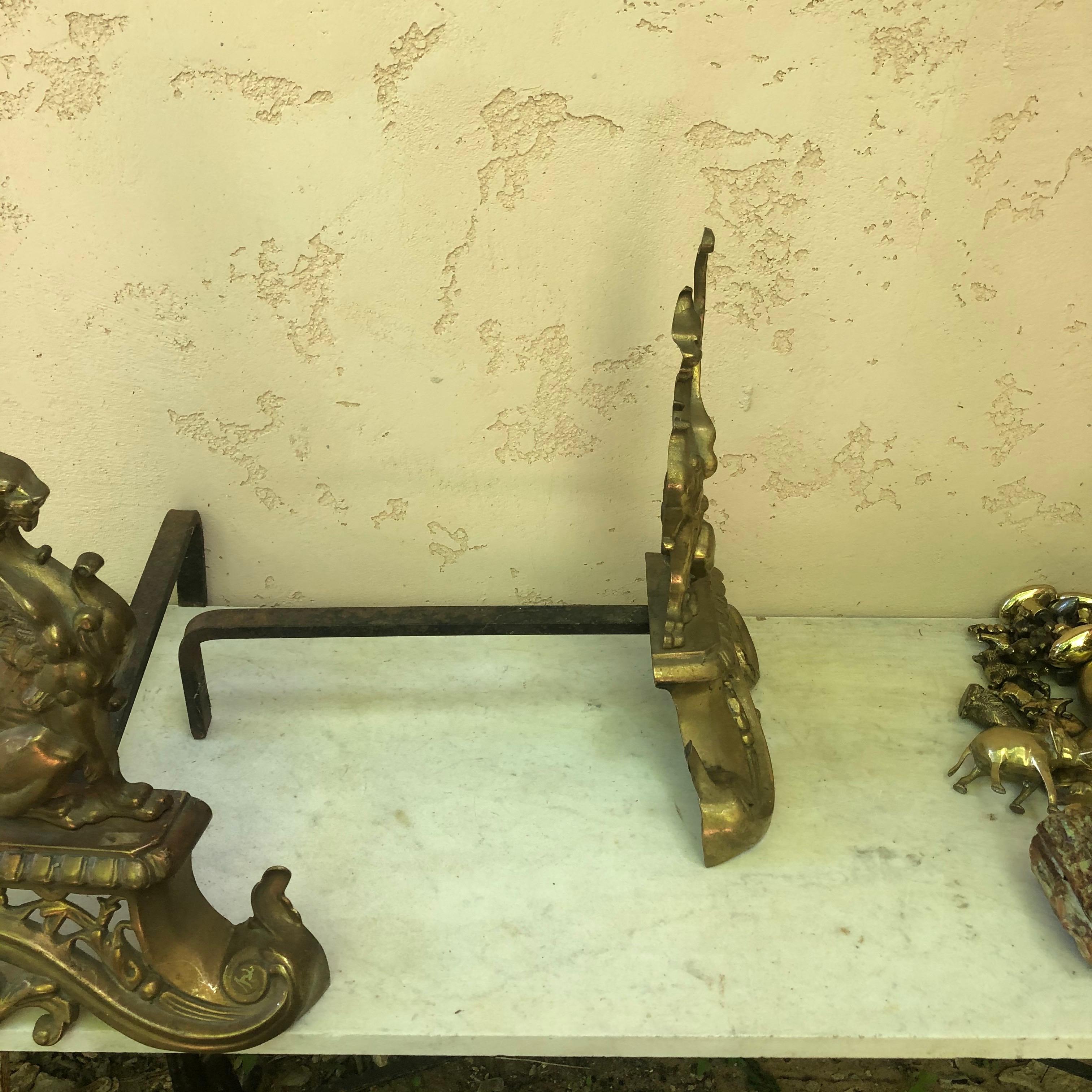 Neoclassical Pair of Brass Andirons Sphynges, circa 1880 For Sale