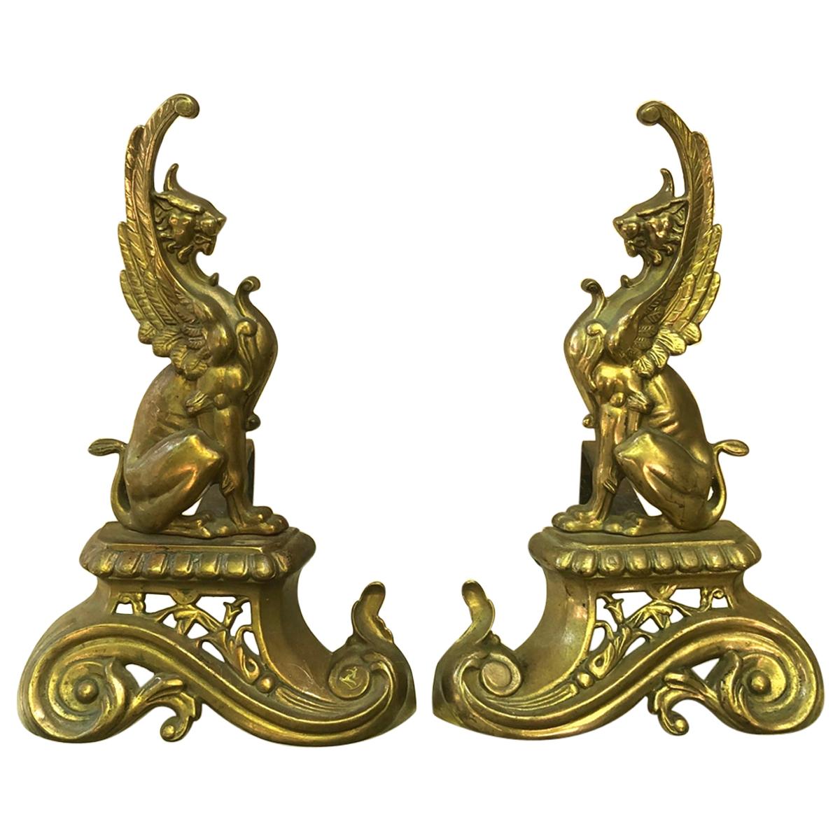 Pair of Brass Andirons Sphynges, circa 1880 For Sale