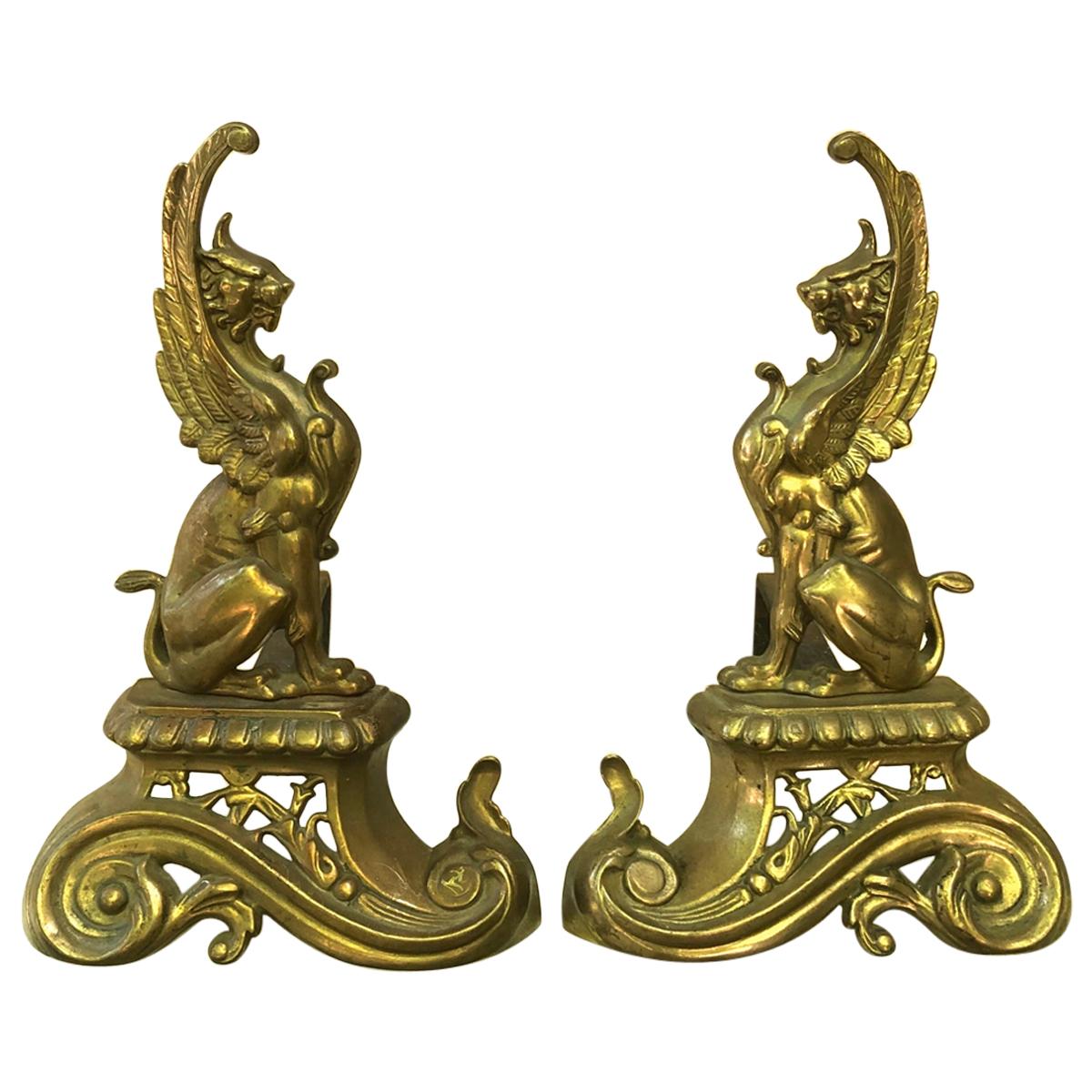 Paire de chenets en laiton Sphynges, vers 1880