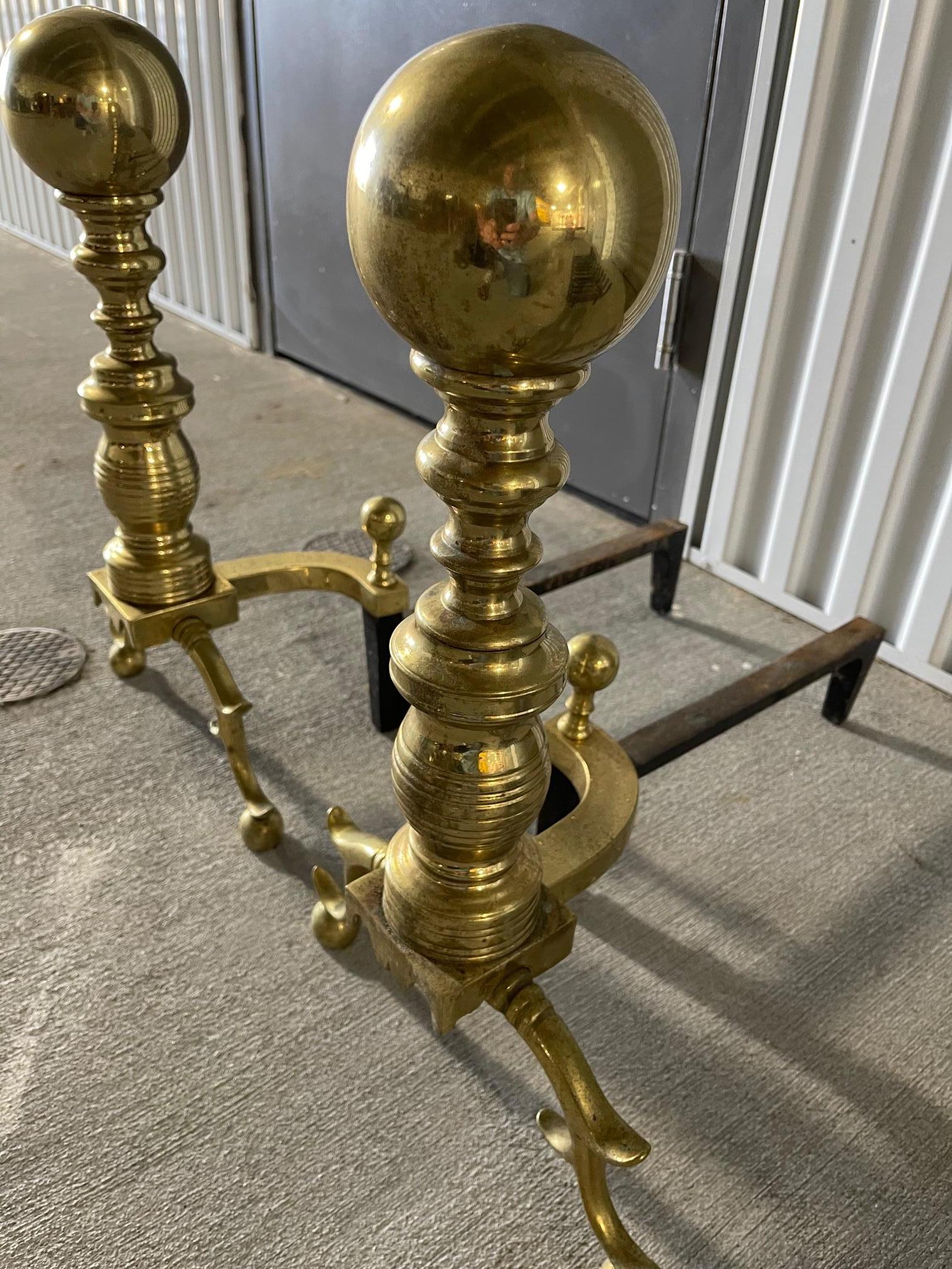 English Pair of Brass Andirons with a Decorative Ball at Top and Feet, 19th Century
