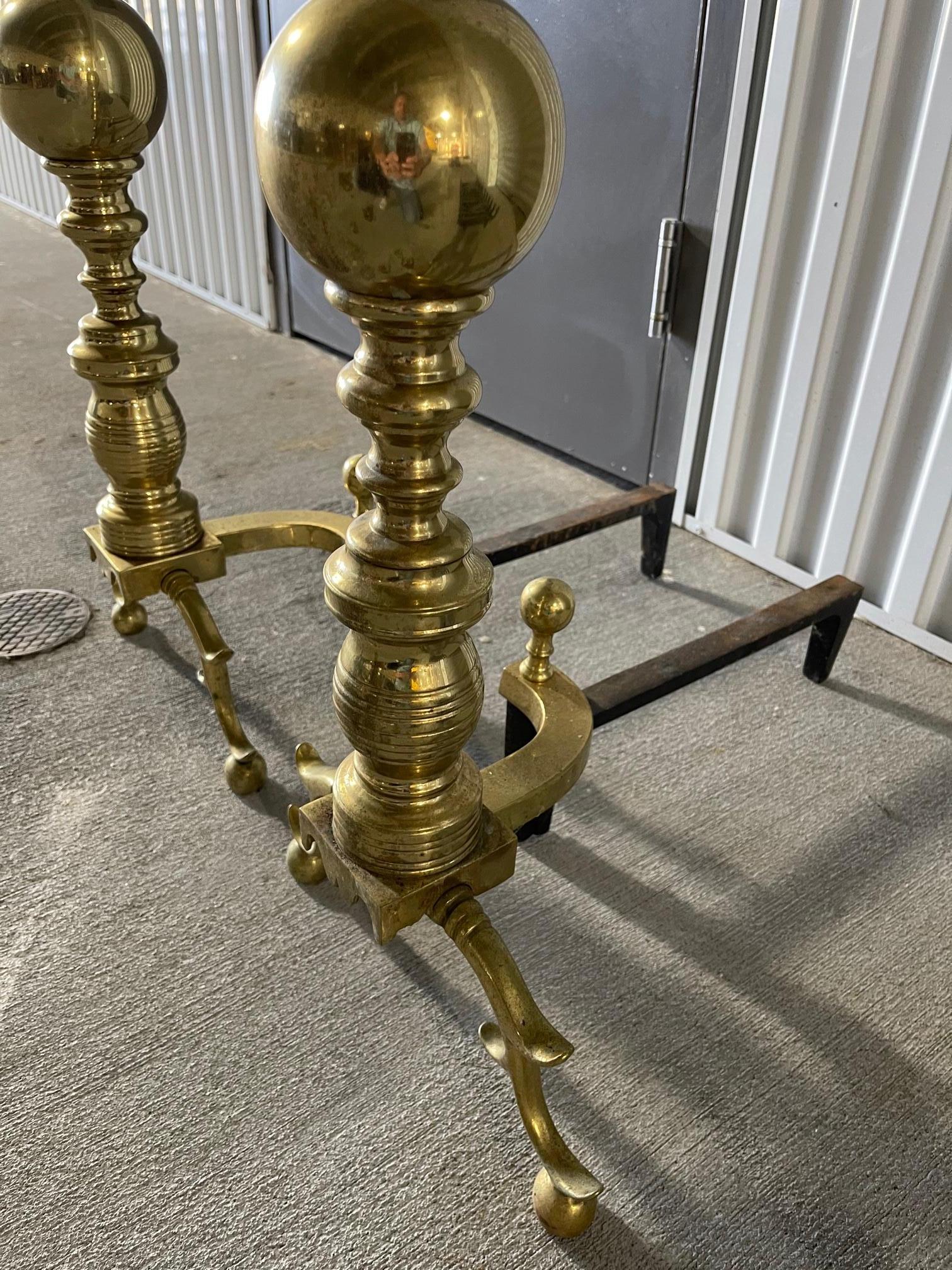 Pair of Brass Andirons with a Decorative Ball at Top and Feet, 19th Century In Good Condition In Savannah, GA