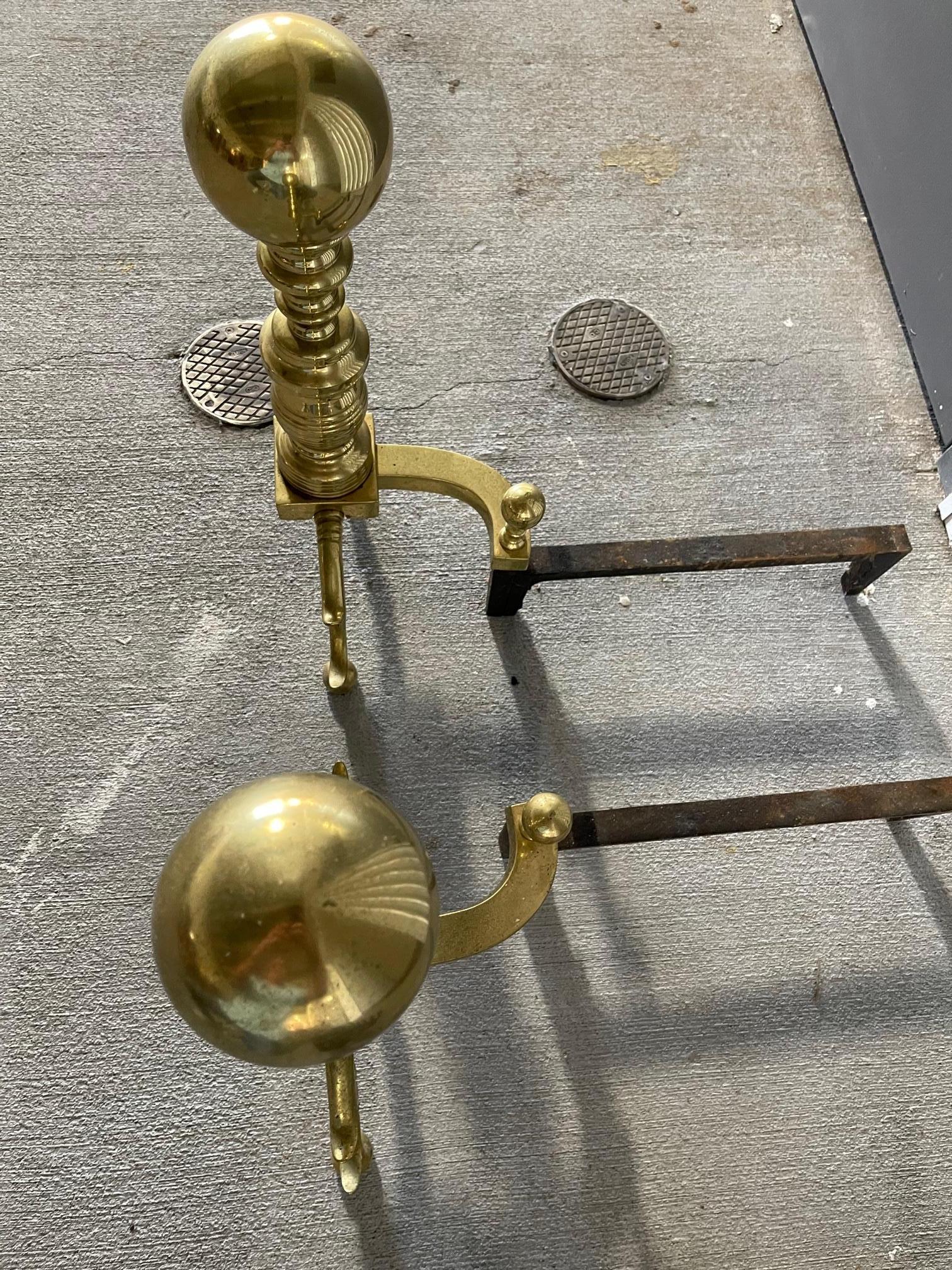Pair of Brass Andirons with a Decorative Ball at Top and Feet, 19th Century 1