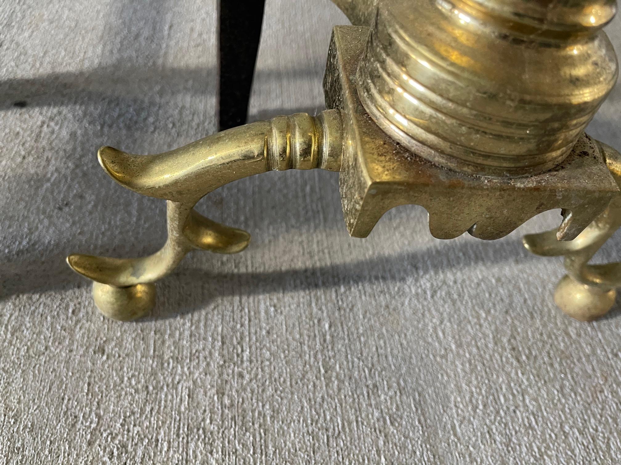 Pair of Brass Andirons with a Decorative Ball at Top and Feet, 19th Century 4