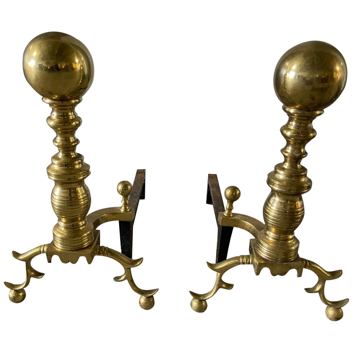 Pair of Brass Andirons with a Decorative Ball at Top and Feet, 19th Century