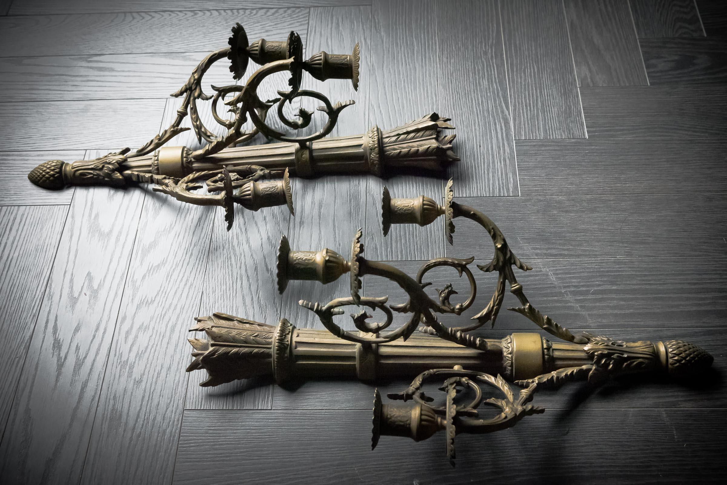 Pair of Brass Arrow Quiver Wall Candle Sconces For Sale 8