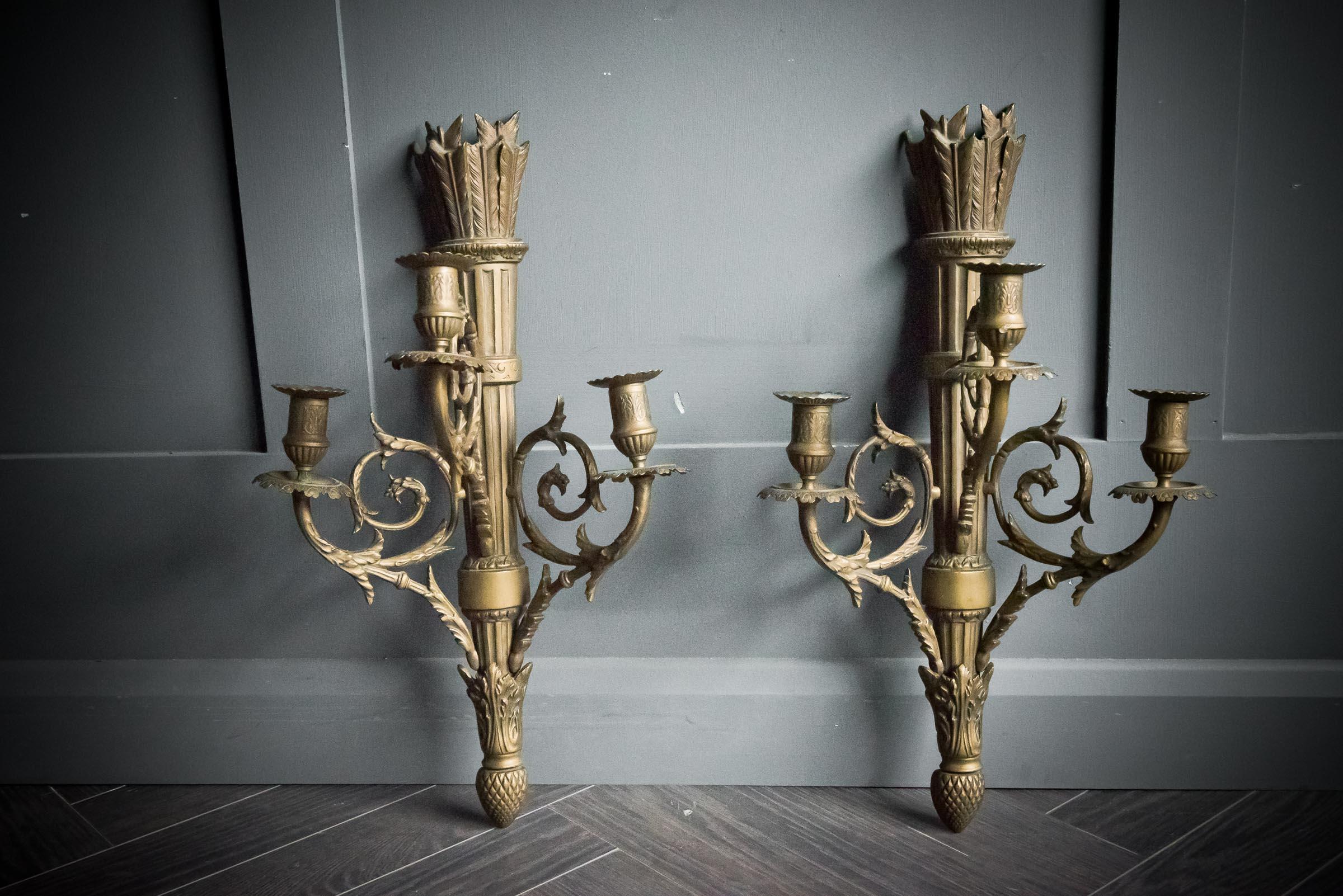 19th Century Pair of Brass Arrow Quiver Wall Candle Sconces For Sale