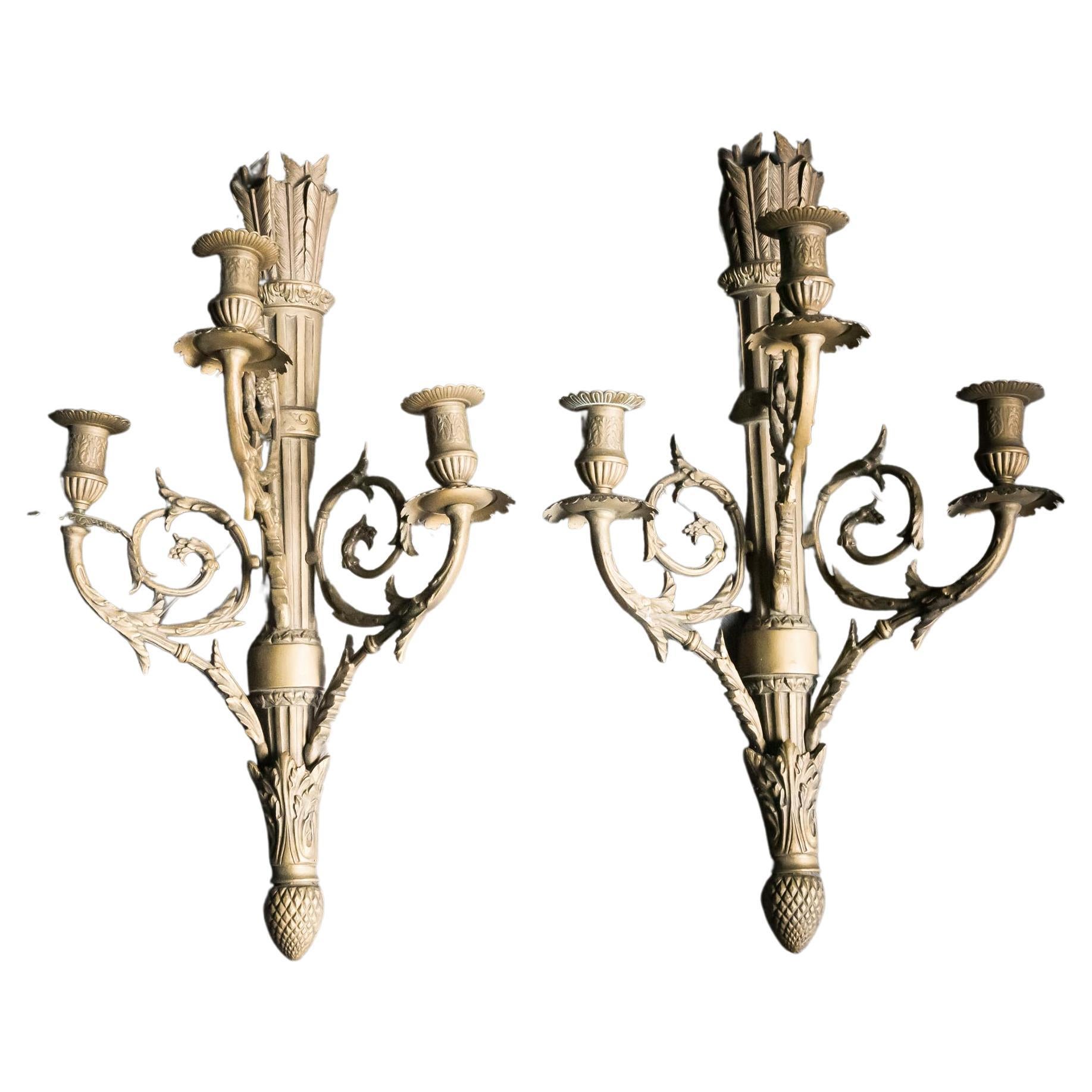 Pair of Brass Arrow Quiver Wall Candle Sconces