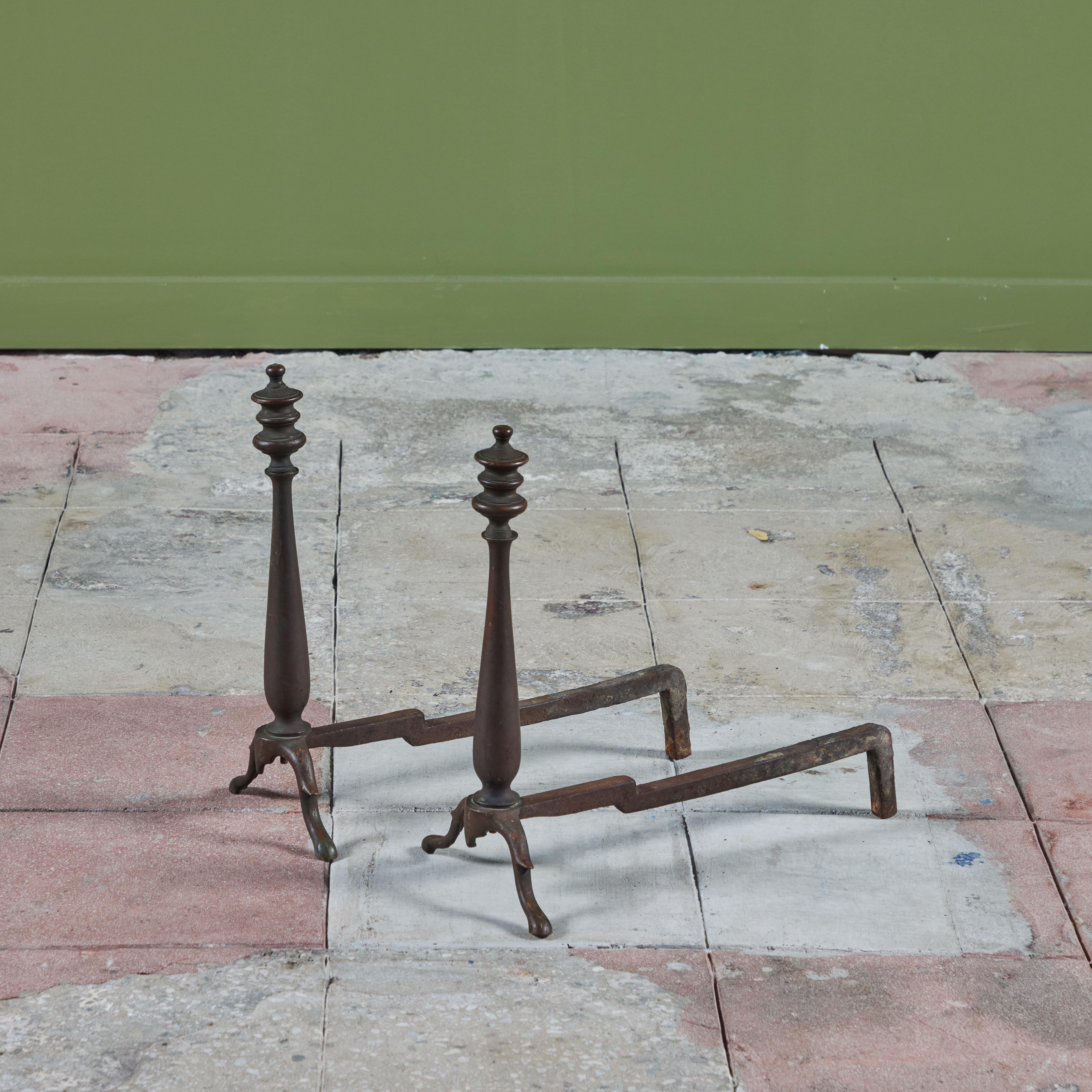 Mid-Century Modern Pair of Brass Arts & Crafts Andirons For Sale