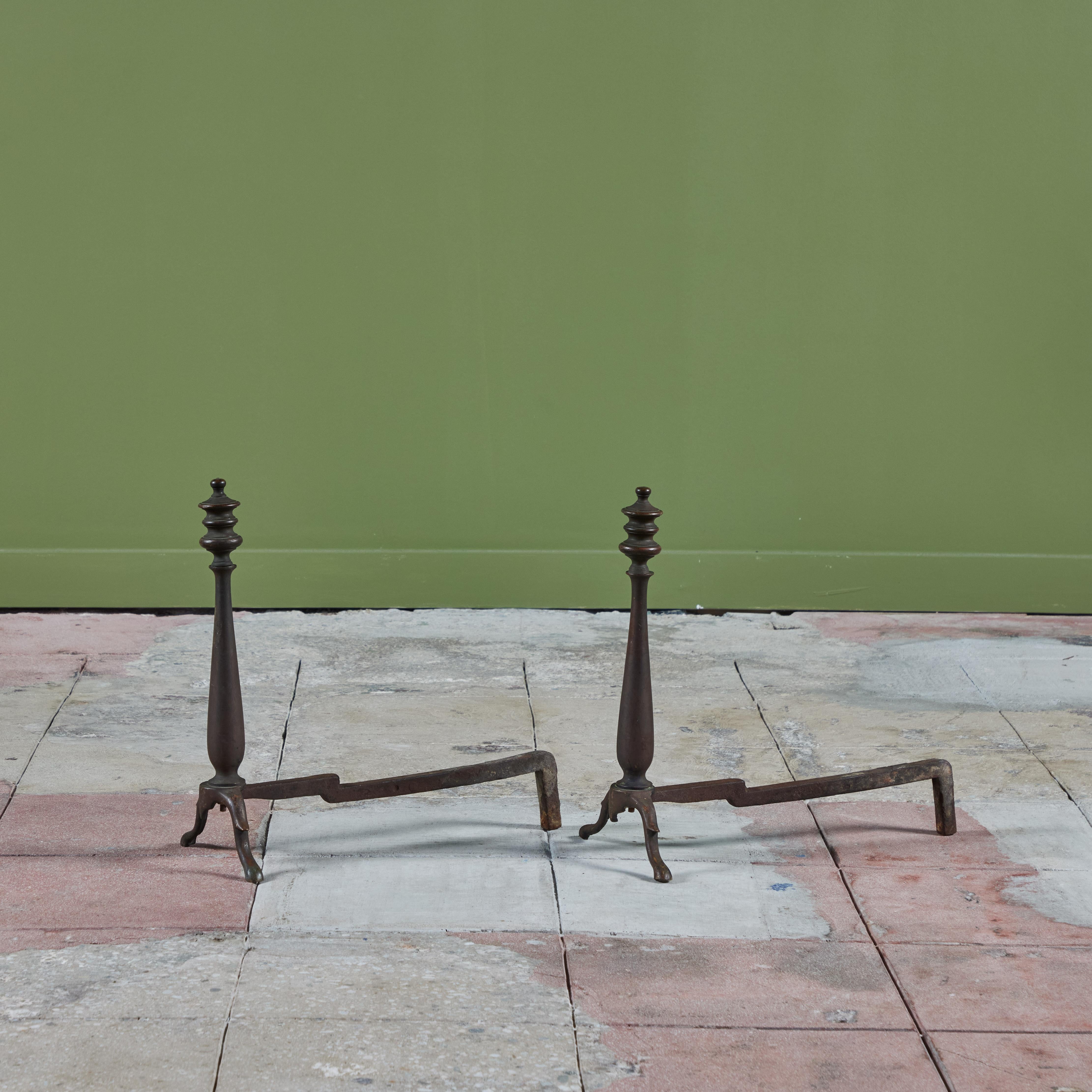 Patinated Pair of Brass Arts & Crafts Andirons For Sale