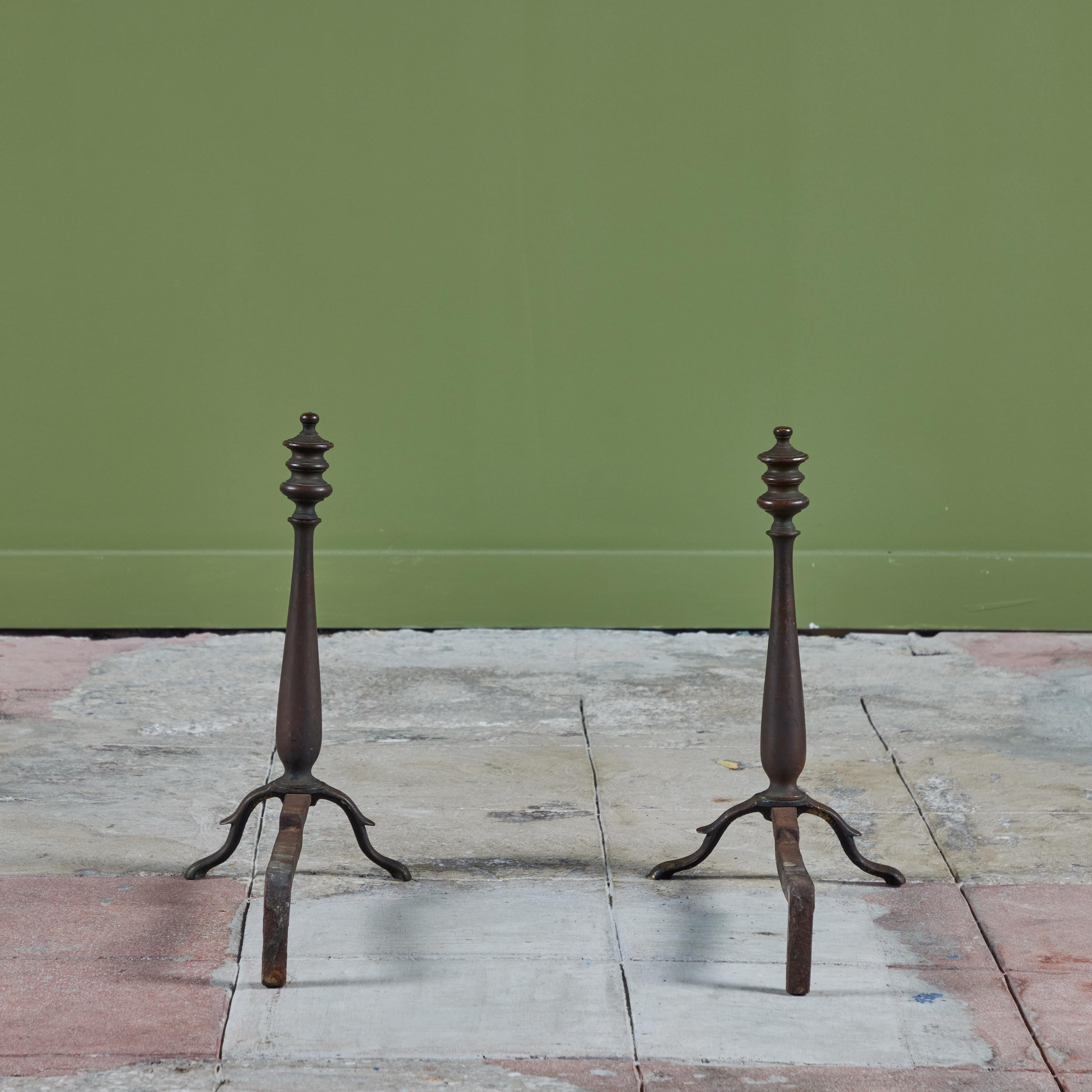 Pair of Brass Arts & Crafts Andirons For Sale 1