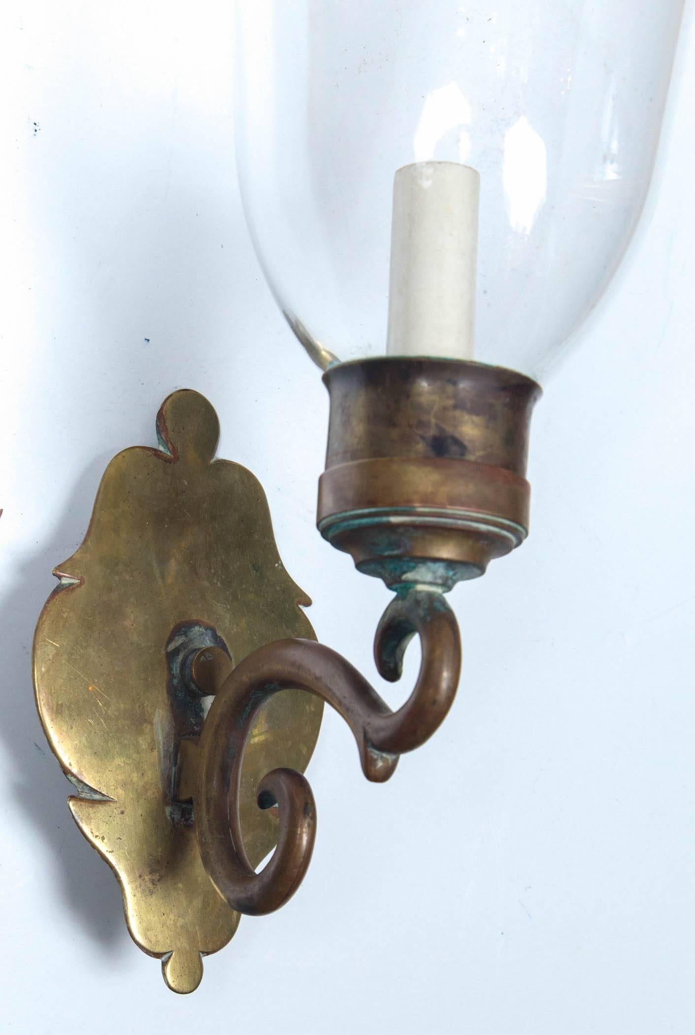 Pair of Brass Backed Hurricane Sconces In Excellent Condition In Woodbury, CT