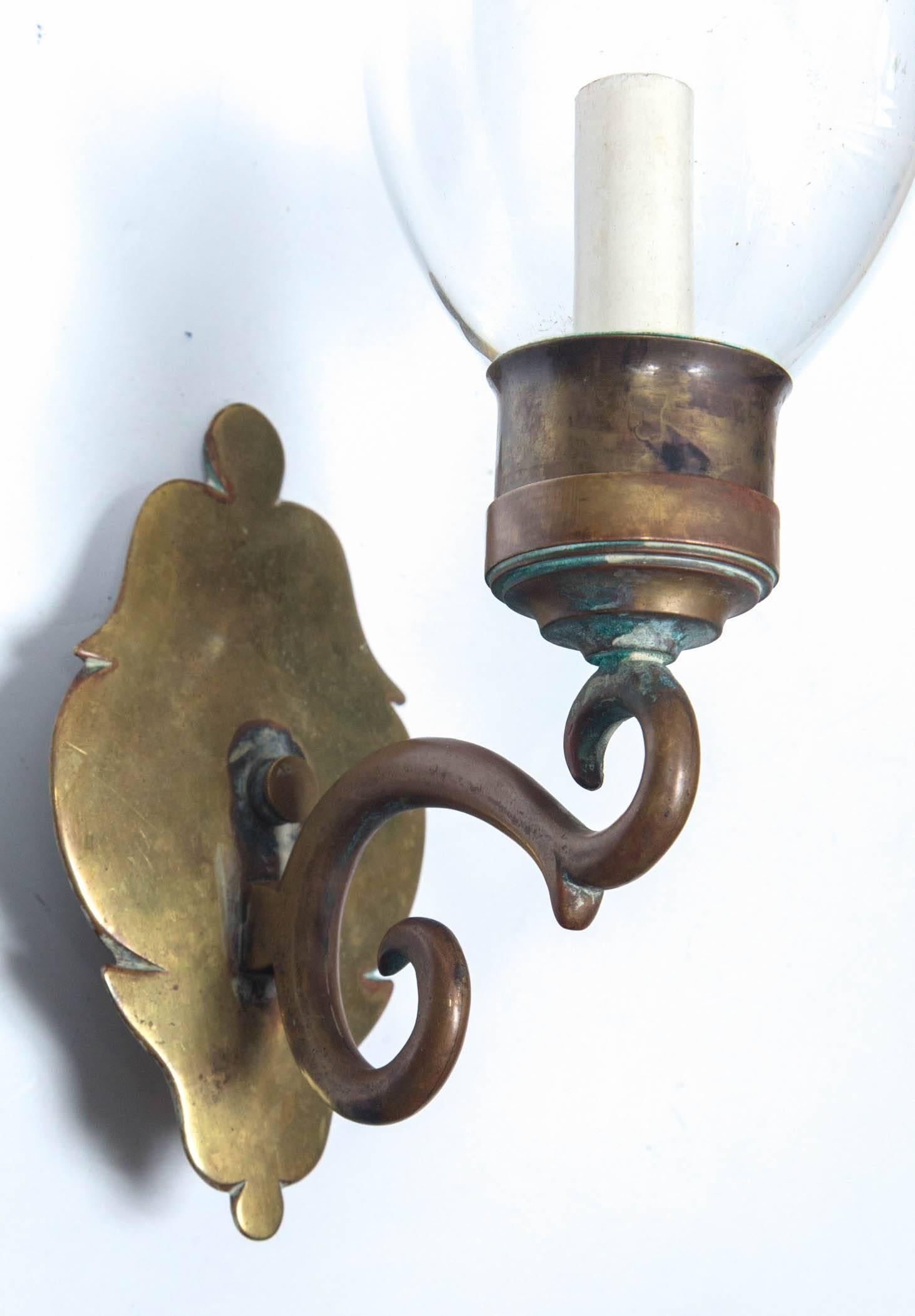 Mid-20th Century Pair of Brass Backed Hurricane Sconces