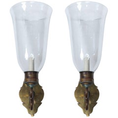 Pair of Brass Backed Hurricane Sconces