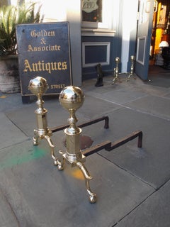 Pair of Brass Ball Finial Andirons with Spur Legs and Ball Feet, Boston, C. 1800