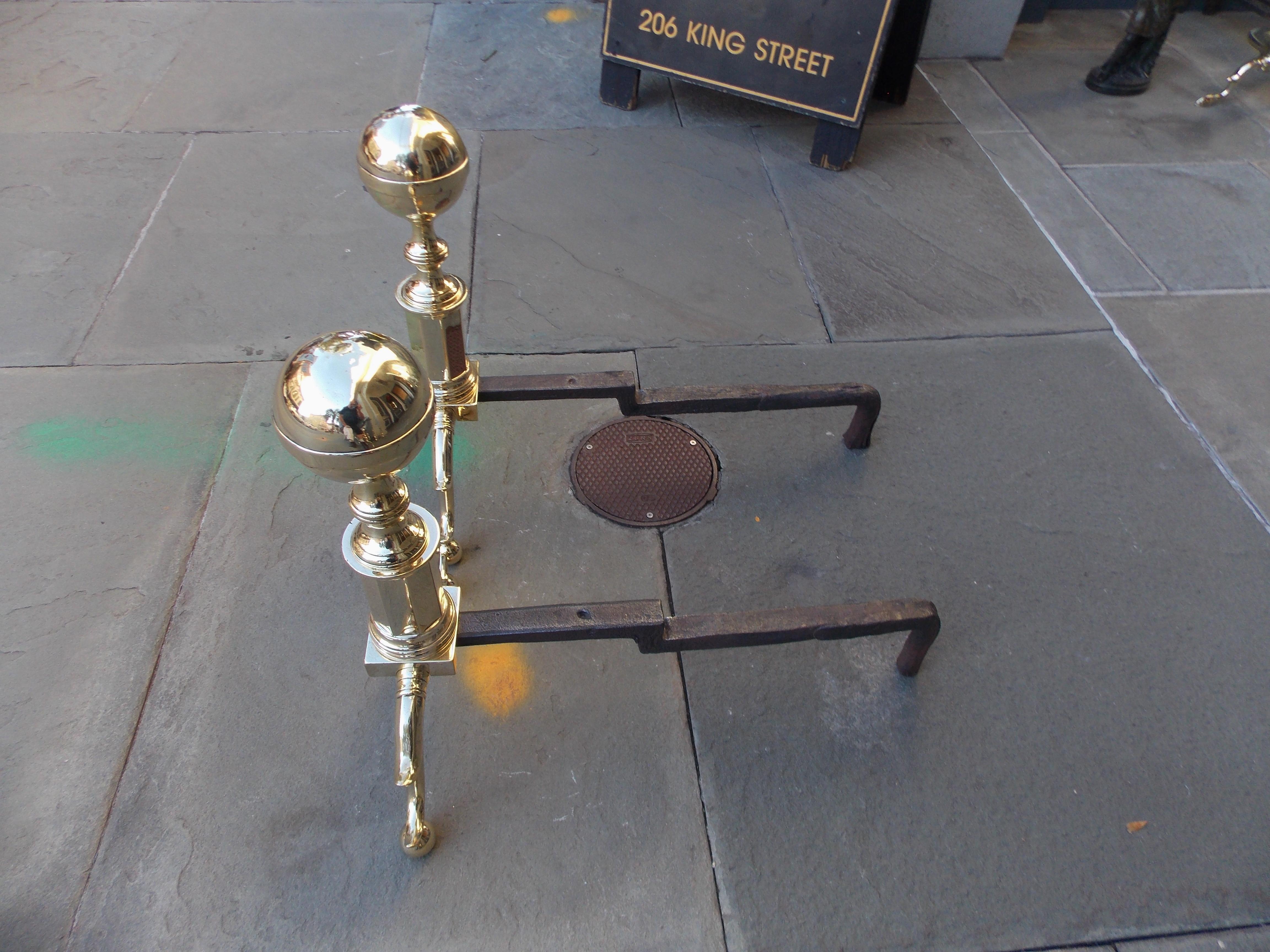Pair of Brass Ball Finial Andirons with Spur Legs and Ball Feet, Boston, C. 1800 In Excellent Condition In Hollywood, SC