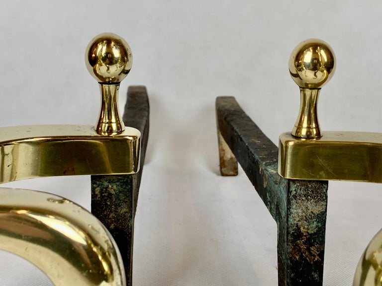 Pair of Brass Ball Top AndironsFoundry Mark of B. A. Co., Boston at 1stDibs
