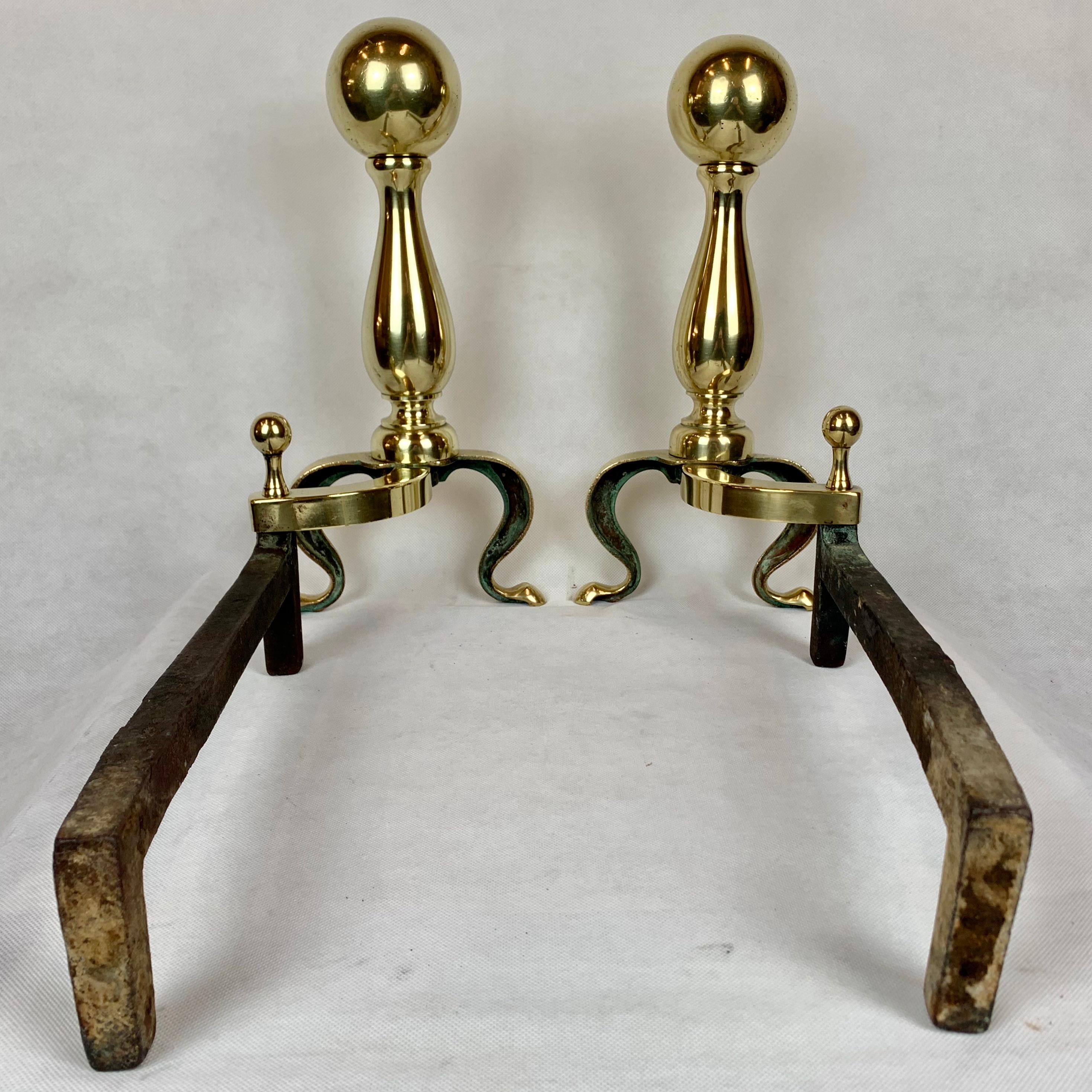 American Colonial Pair of Brass Ball Top Andirons-Foundry Mark of B. A.  Co., Boston