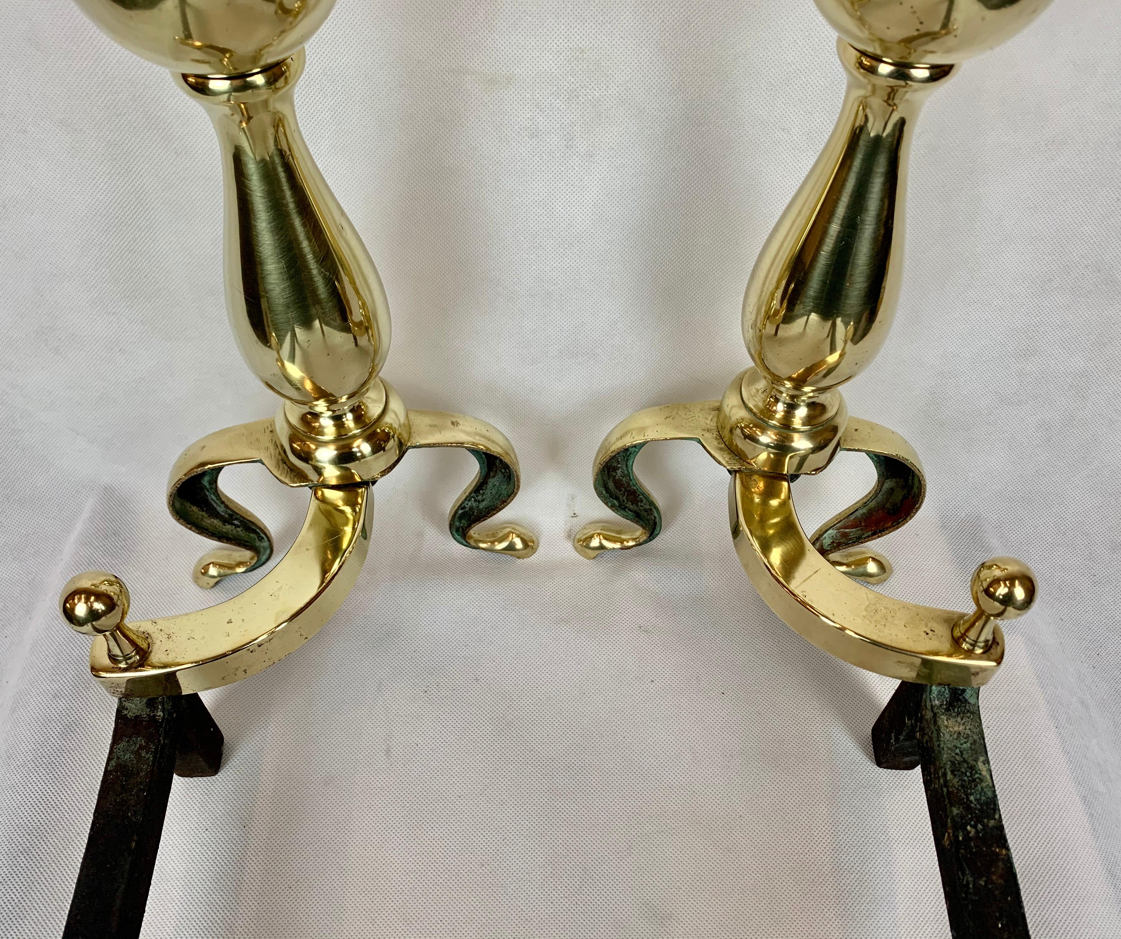 American Pair of Brass Ball Top Andirons-Foundry Mark of B. A.  Co., Boston
