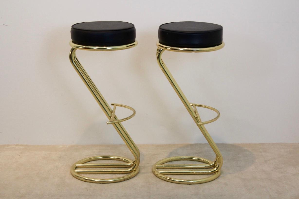 Dutch Pair of Brass Bar Stools and Black Leather Seat, 1980s