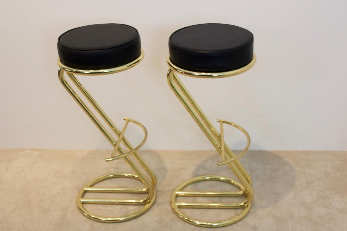 20th Century Pair of Brass Bar Stools and Black Leather Seat, 1980s