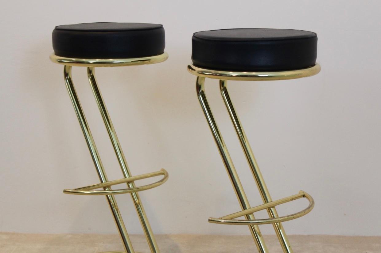 Pair of Brass Bar Stools and Black Leather Seat, 1980s 1