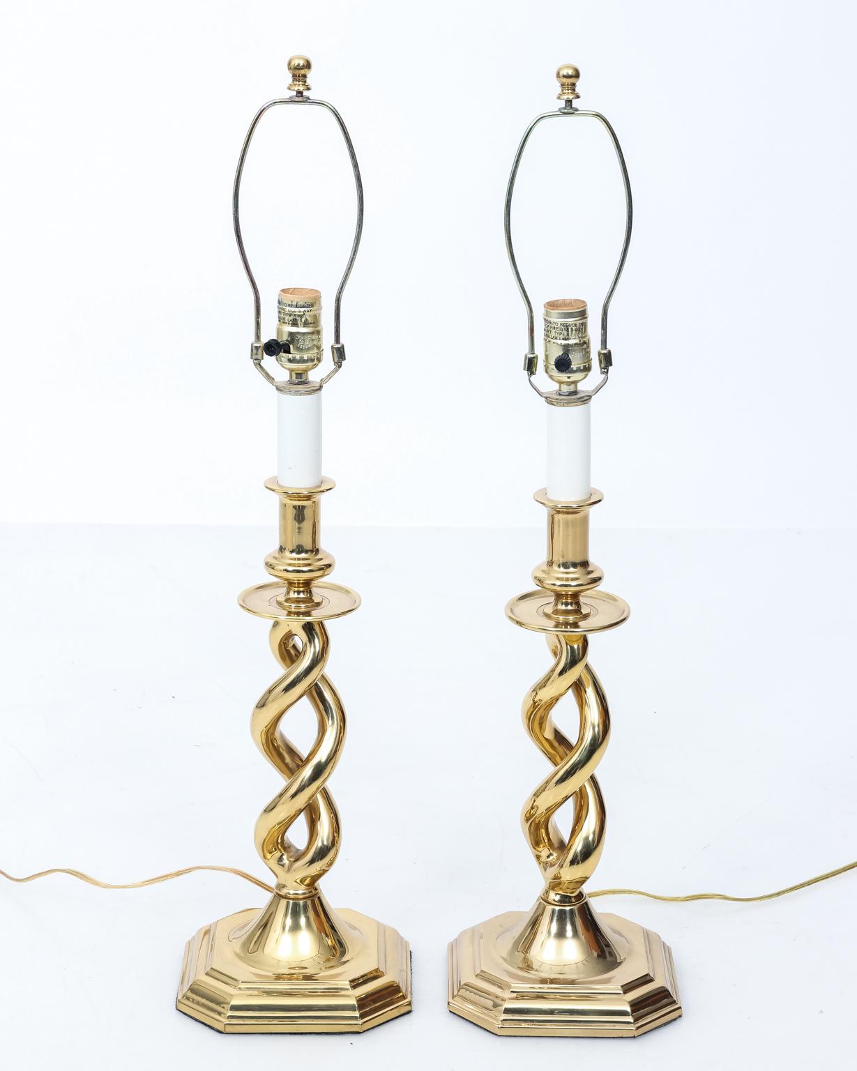 Polished Pair of Brass Barley Twist Table Lamps