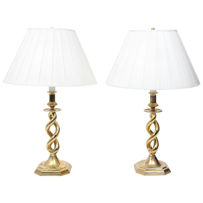 Pair Of Brass Barley Twist Table Lamps, Jewel Twisted Table Lamp