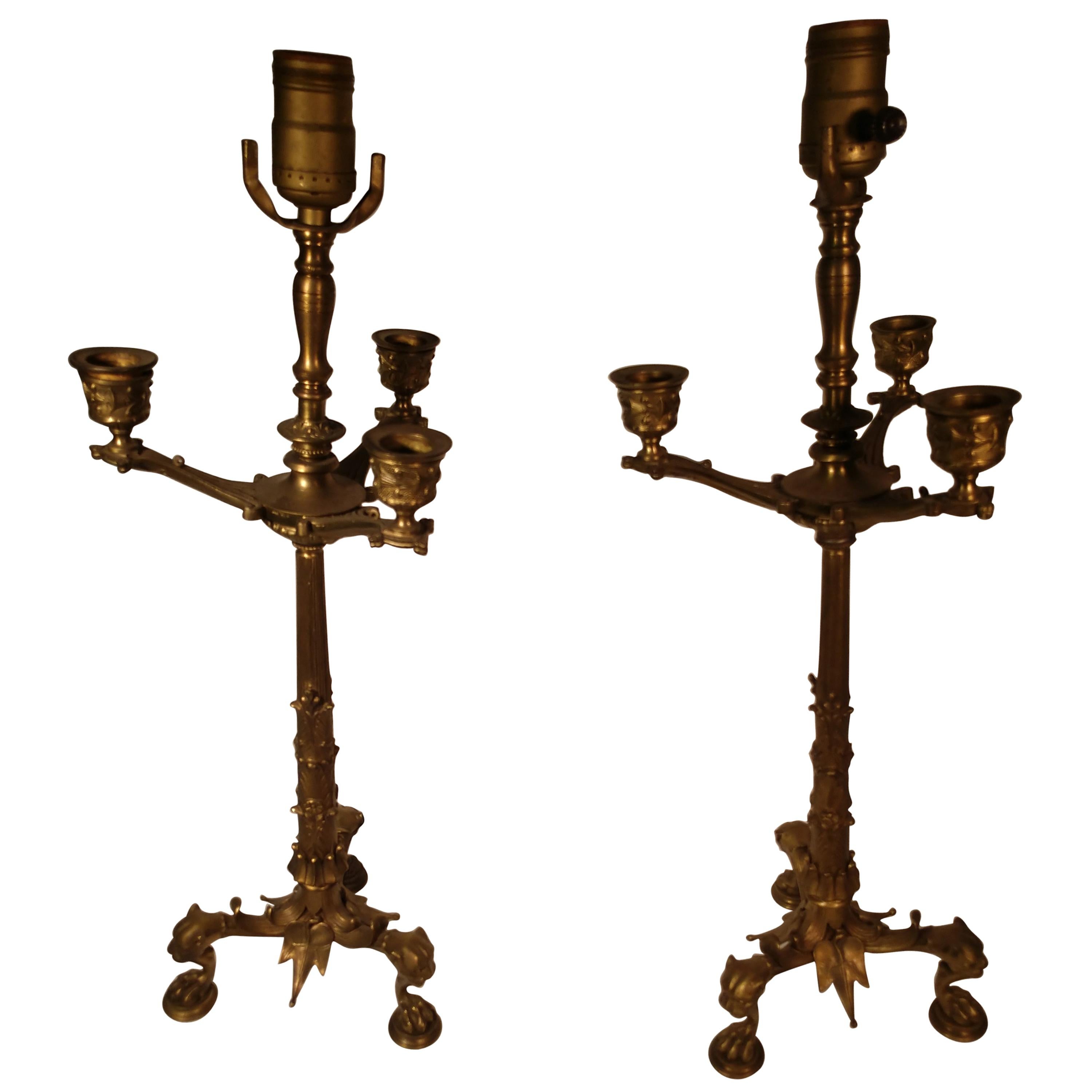 Lamps Antique Brass Lamp Triangle Base Three Lion Claw Foot Baluster Electric Candle Candlestick