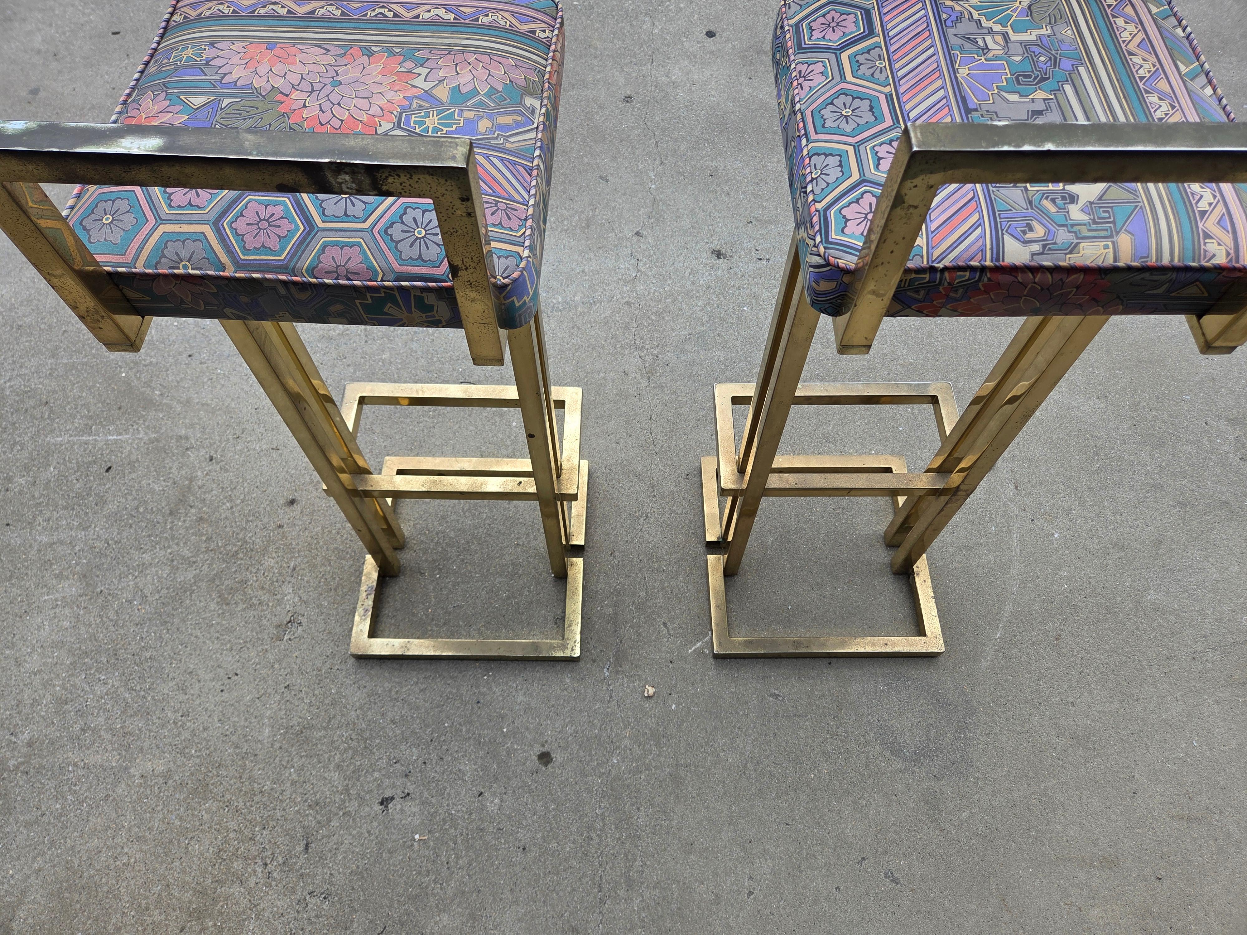 Hollywood Regency Pair of Brass Barstools in the Style of 