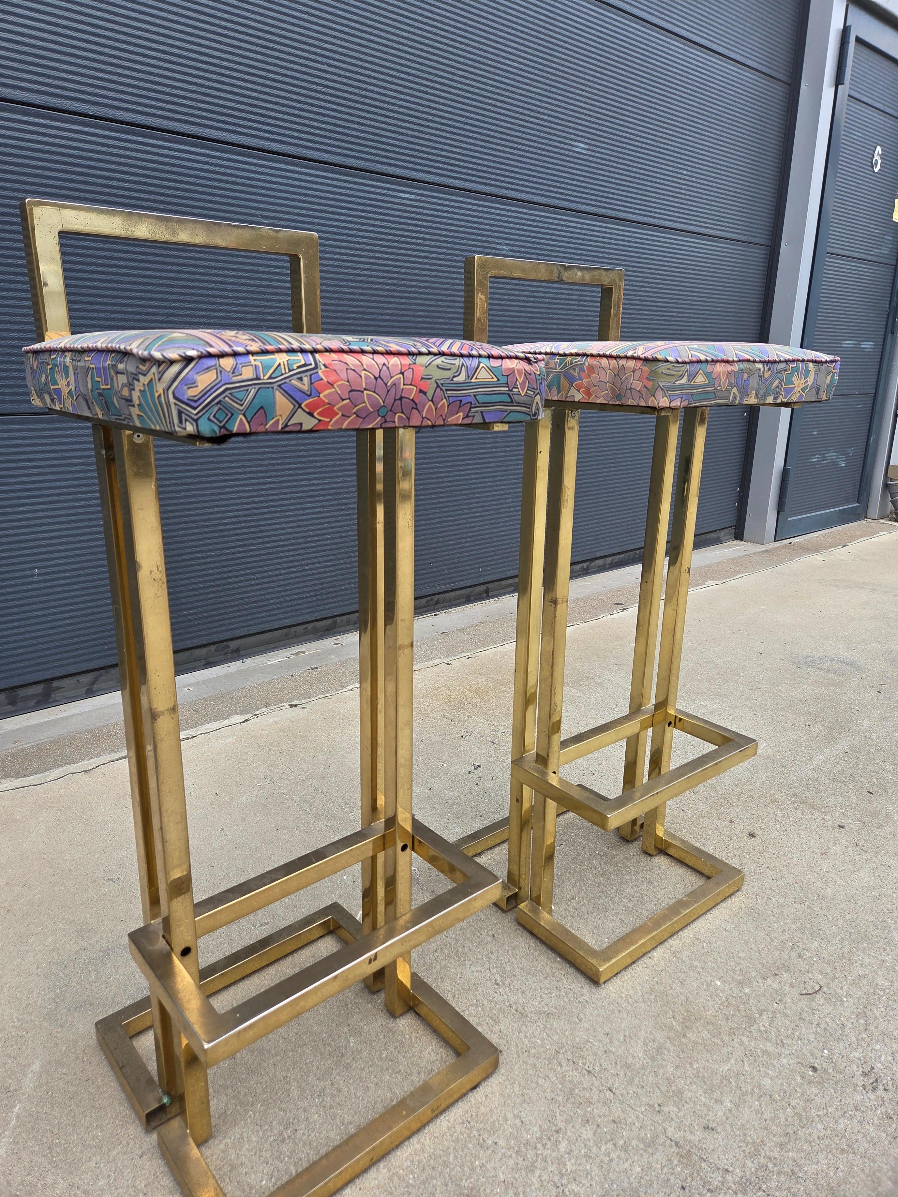 Pair of Brass Barstools in the Style of 