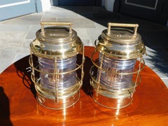 Pair of Brass Beacon Lanterns with Exterior Cages & Fresnel Lenses, NY C. 1900