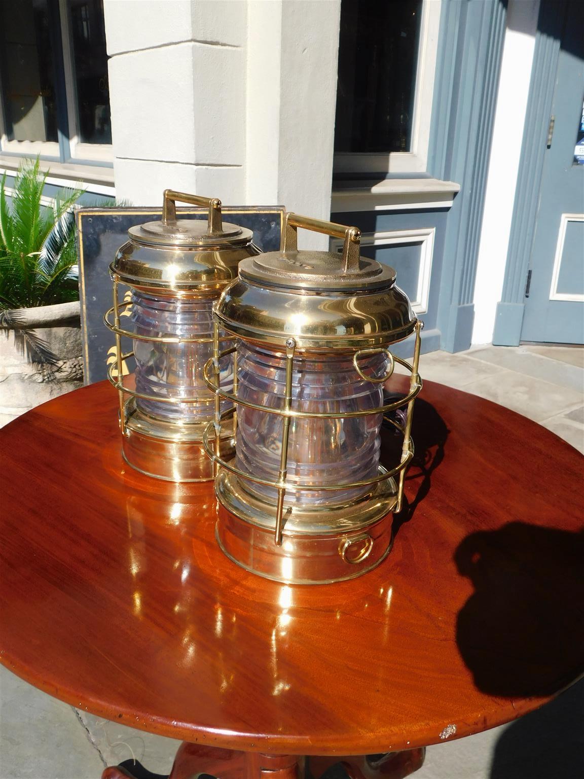 American Empire Pair of Brass Beacon Lanterns with Exterior Cages & Fresnel Lenses, NY C. 1900 For Sale