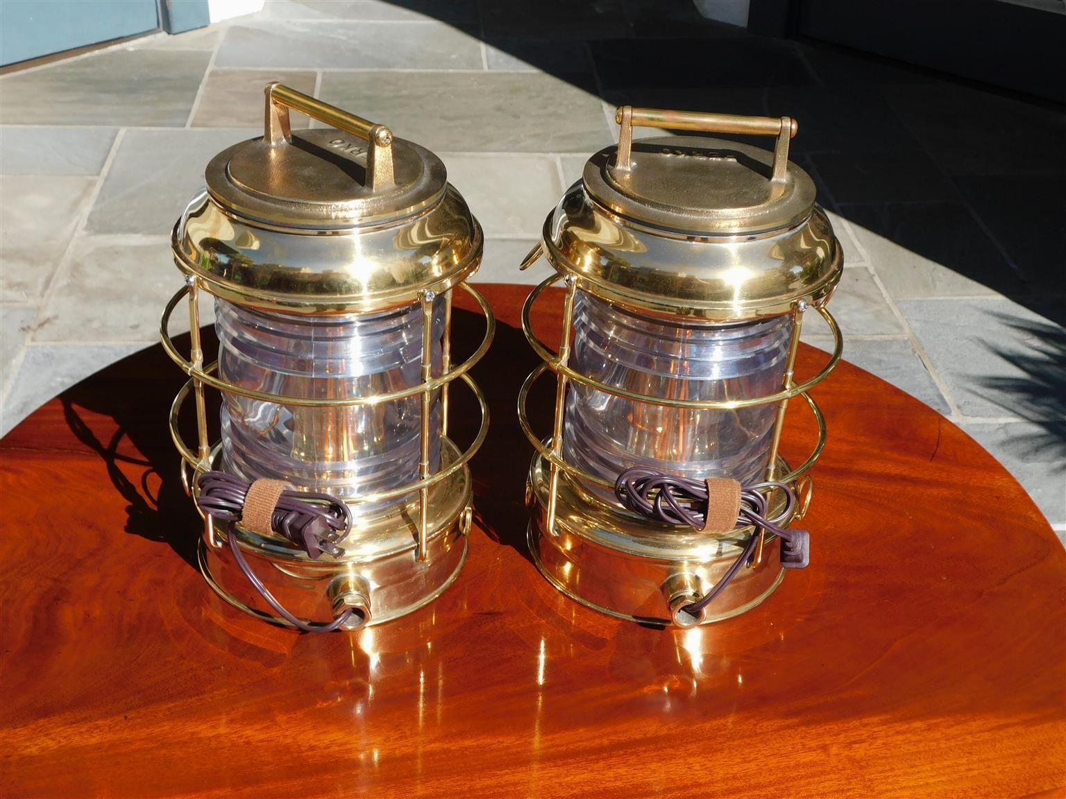 Cast Pair of Brass Beacon Lanterns with Exterior Cages & Fresnel Lenses, NY C. 1900 For Sale