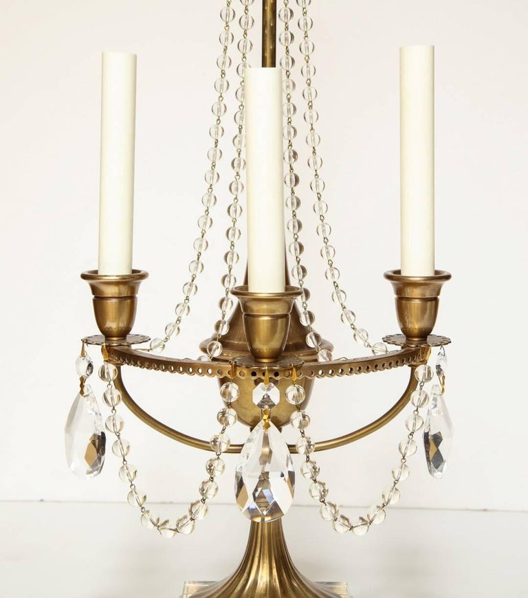 Pair of Brass Beaded Crystal Draped Candelabra For Sale at 1stdibs