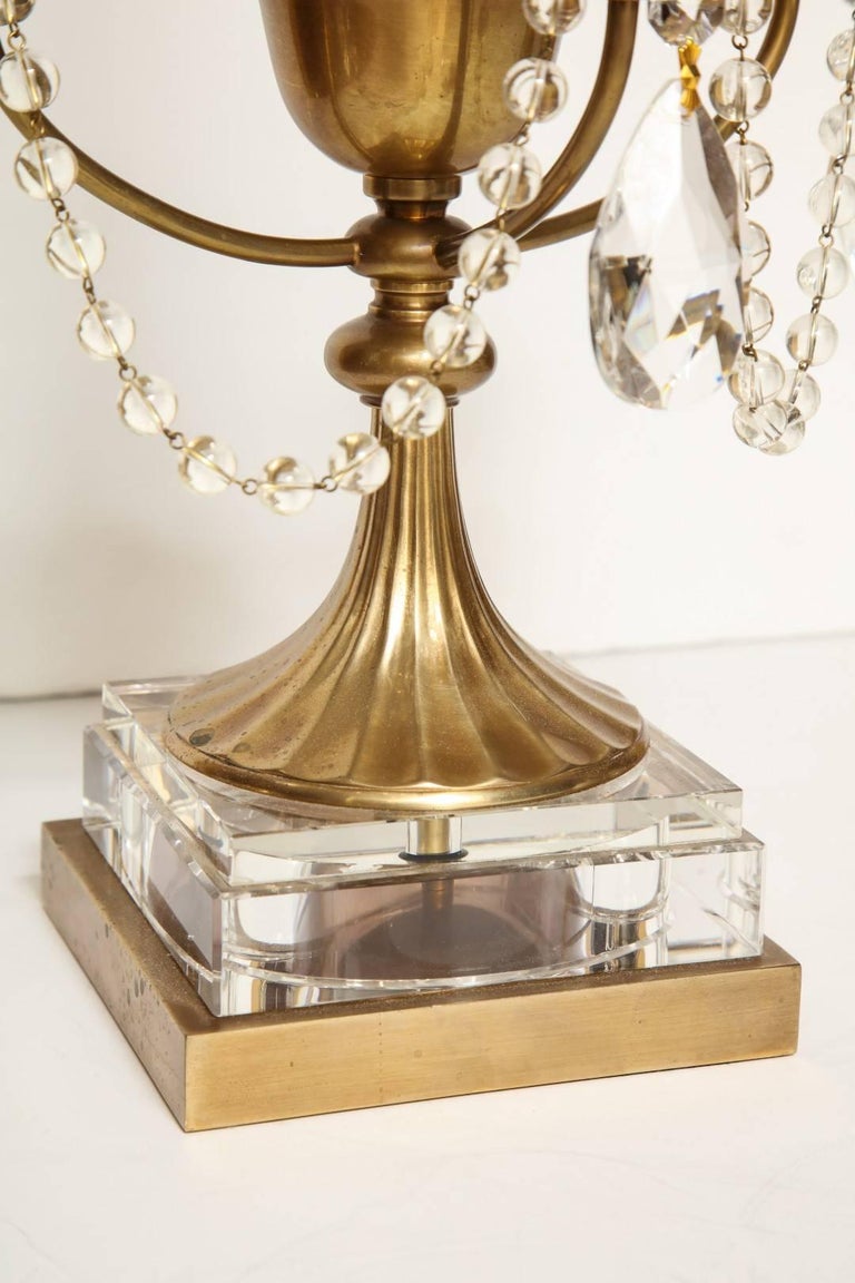 Pair of Brass Beaded Crystal Draped Candelabra For Sale at 1stdibs