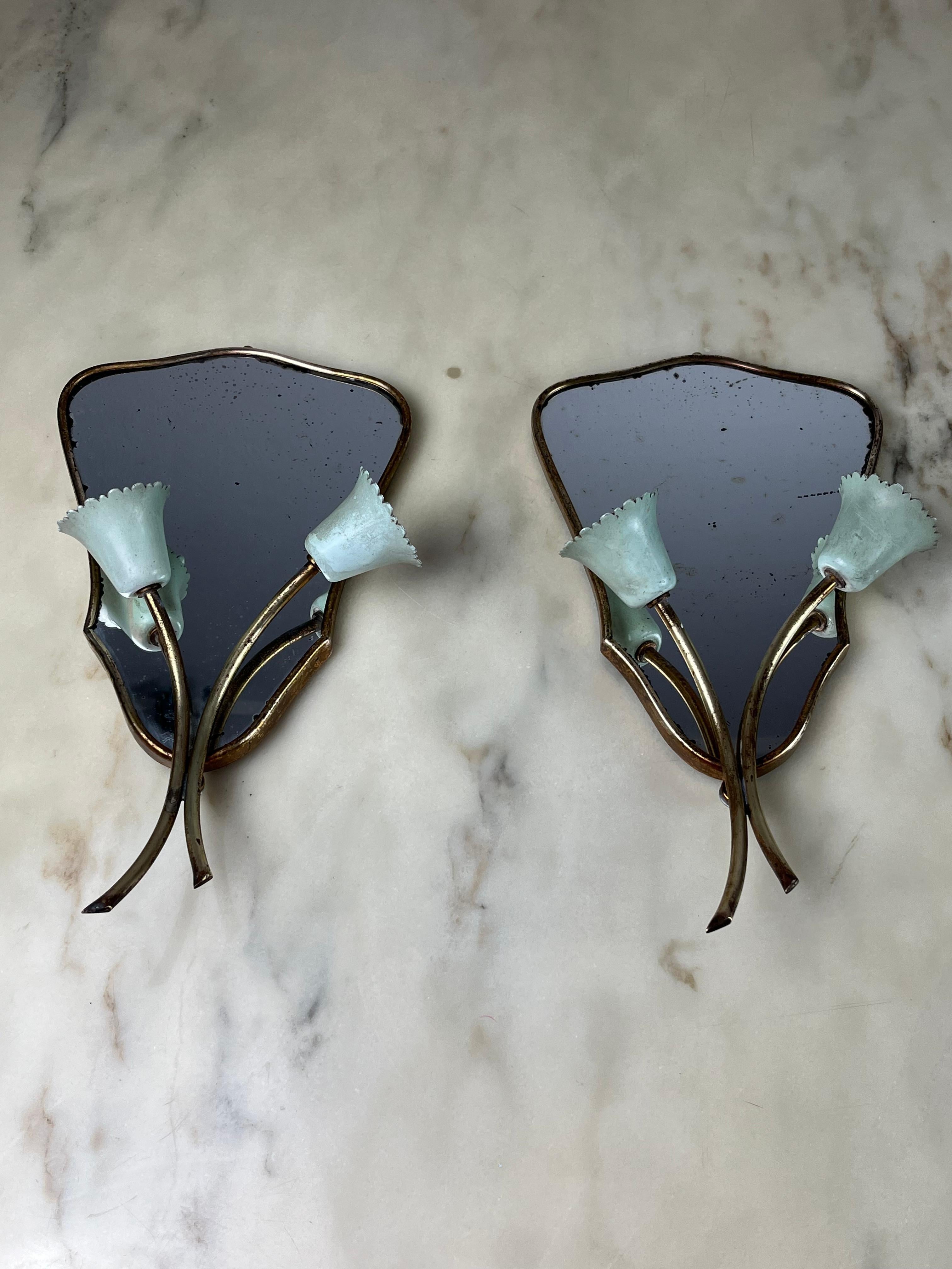 Italian Pair of Brass Bedside Lamps, with Mirror, 1960s For Sale