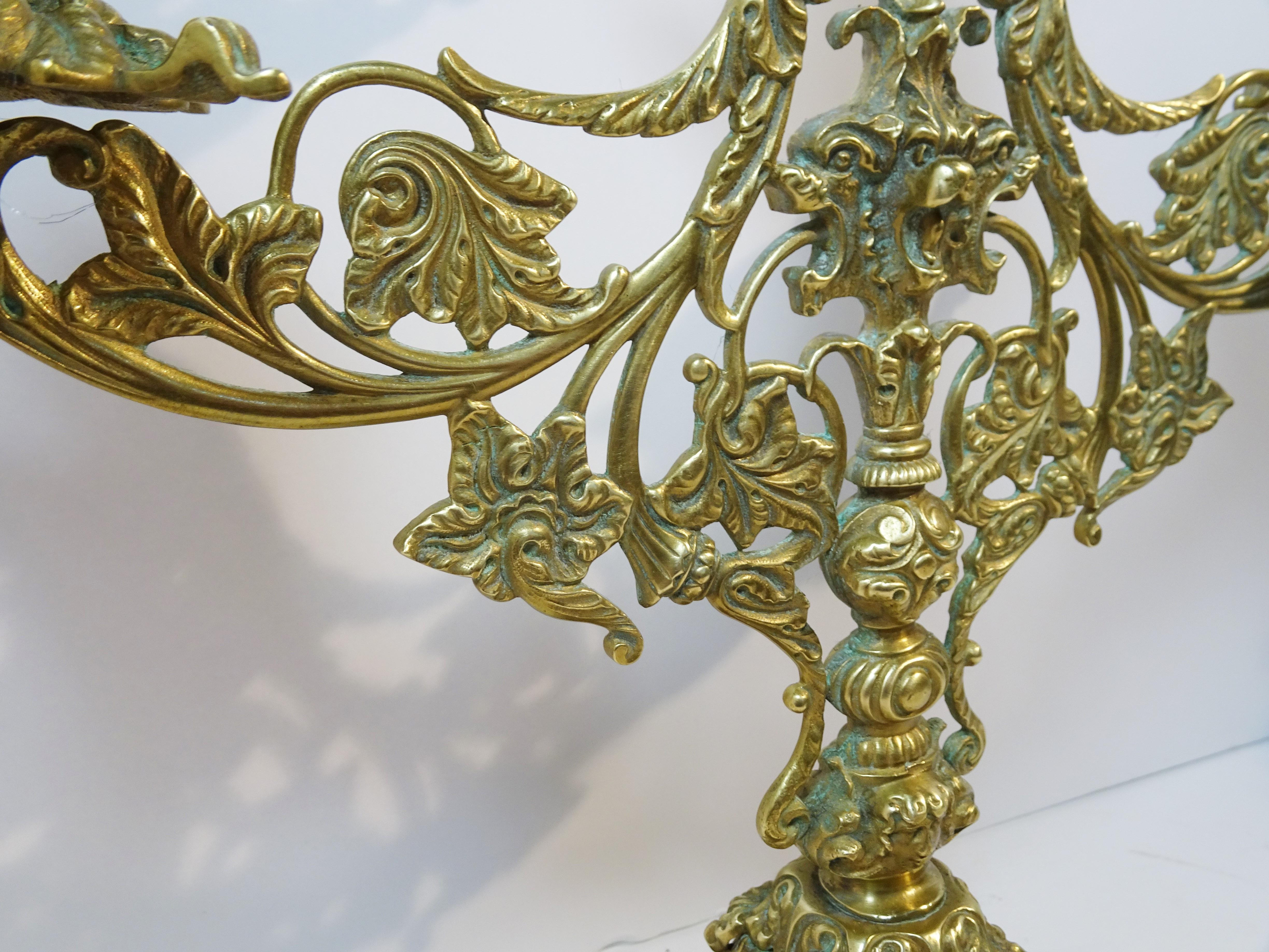 Pair of Brass Belle Epoque Baroque-Style Three-Light Candelabra, circa 1890 For Sale 9