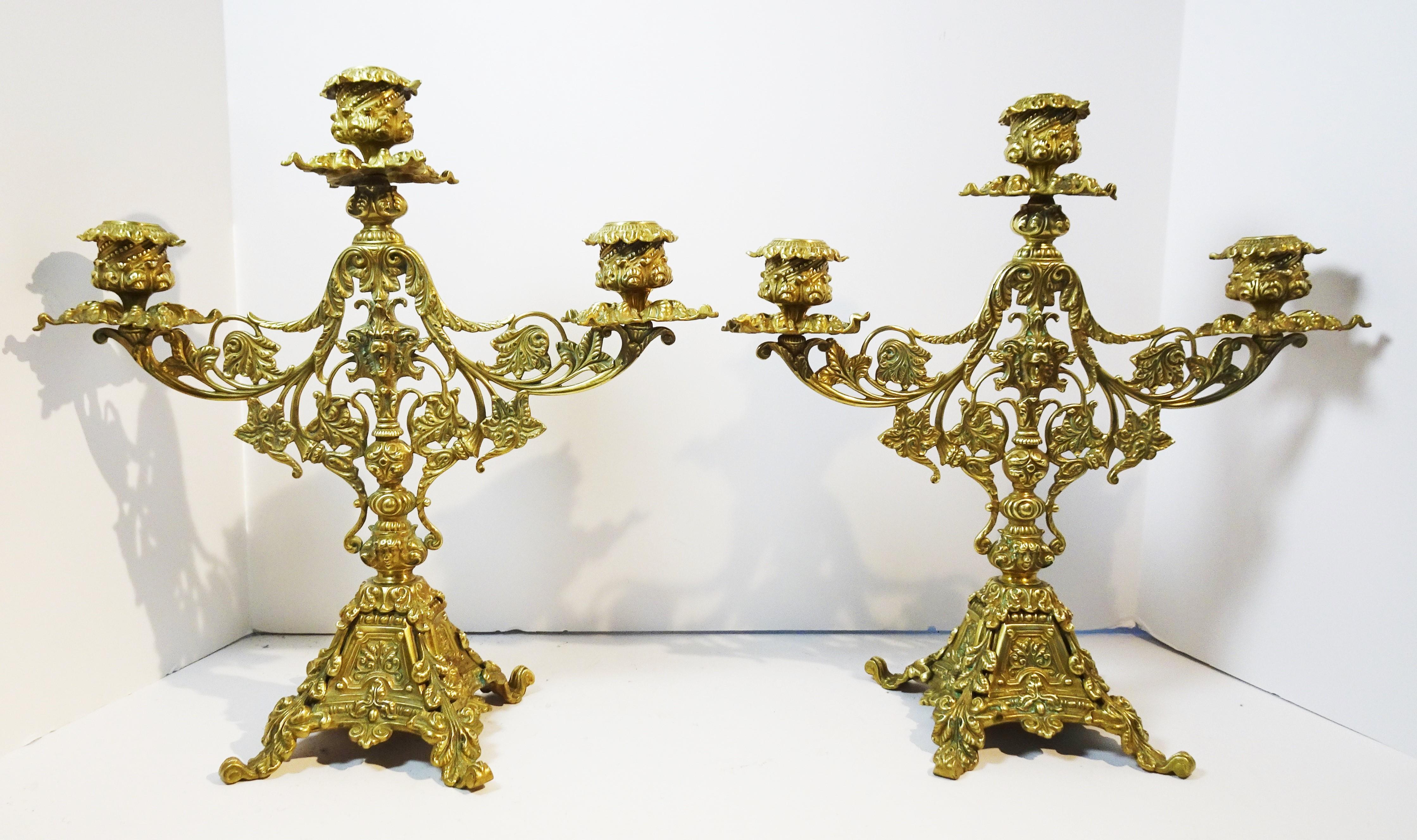 Pair of Brass Belle Epoque Baroque-Style Three-Light Candelabra, circa 1890 For Sale 12