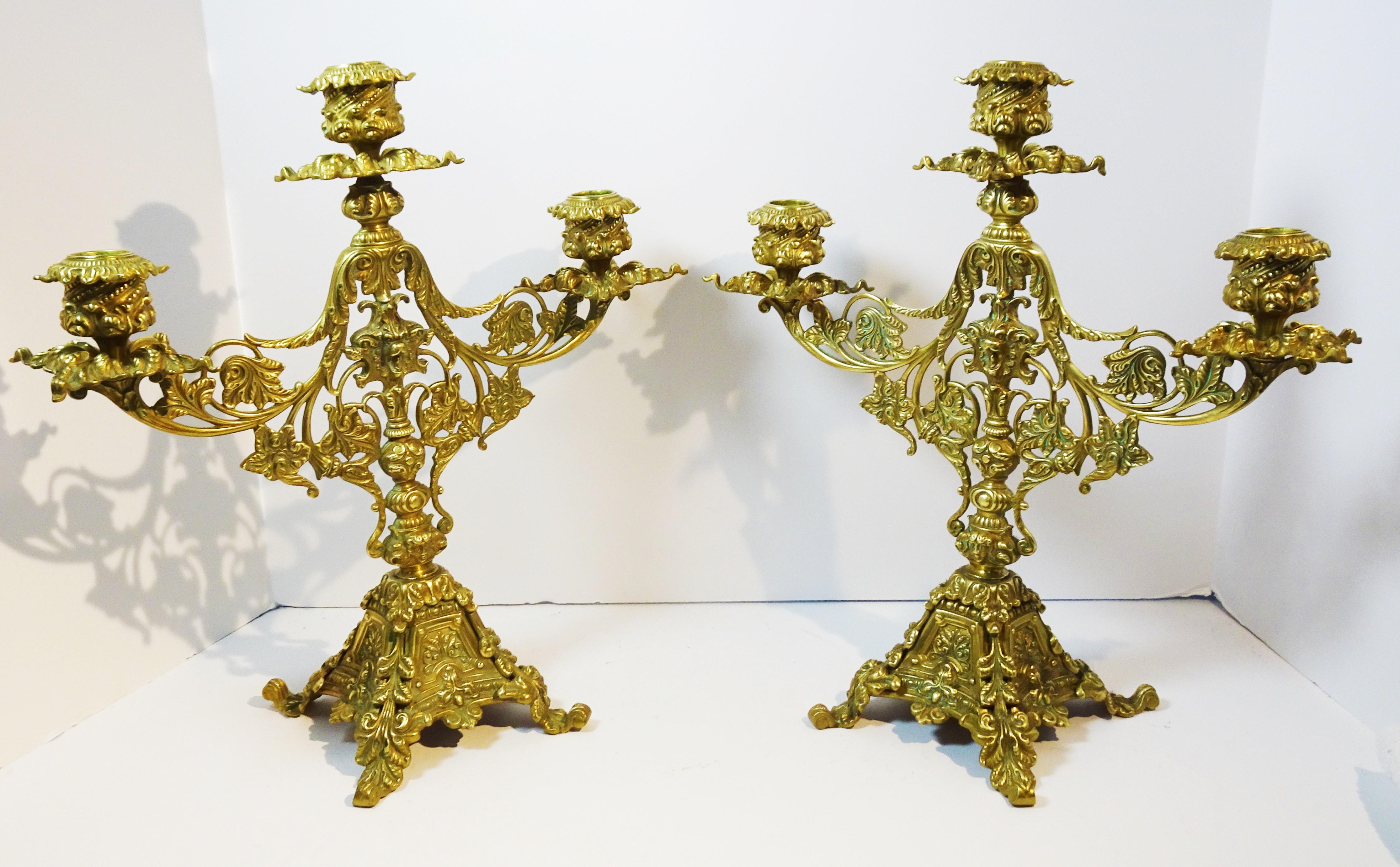 Pair of Brass Belle Epoque Baroque-Style Three-Light Candelabra, circa 1890 For Sale 13