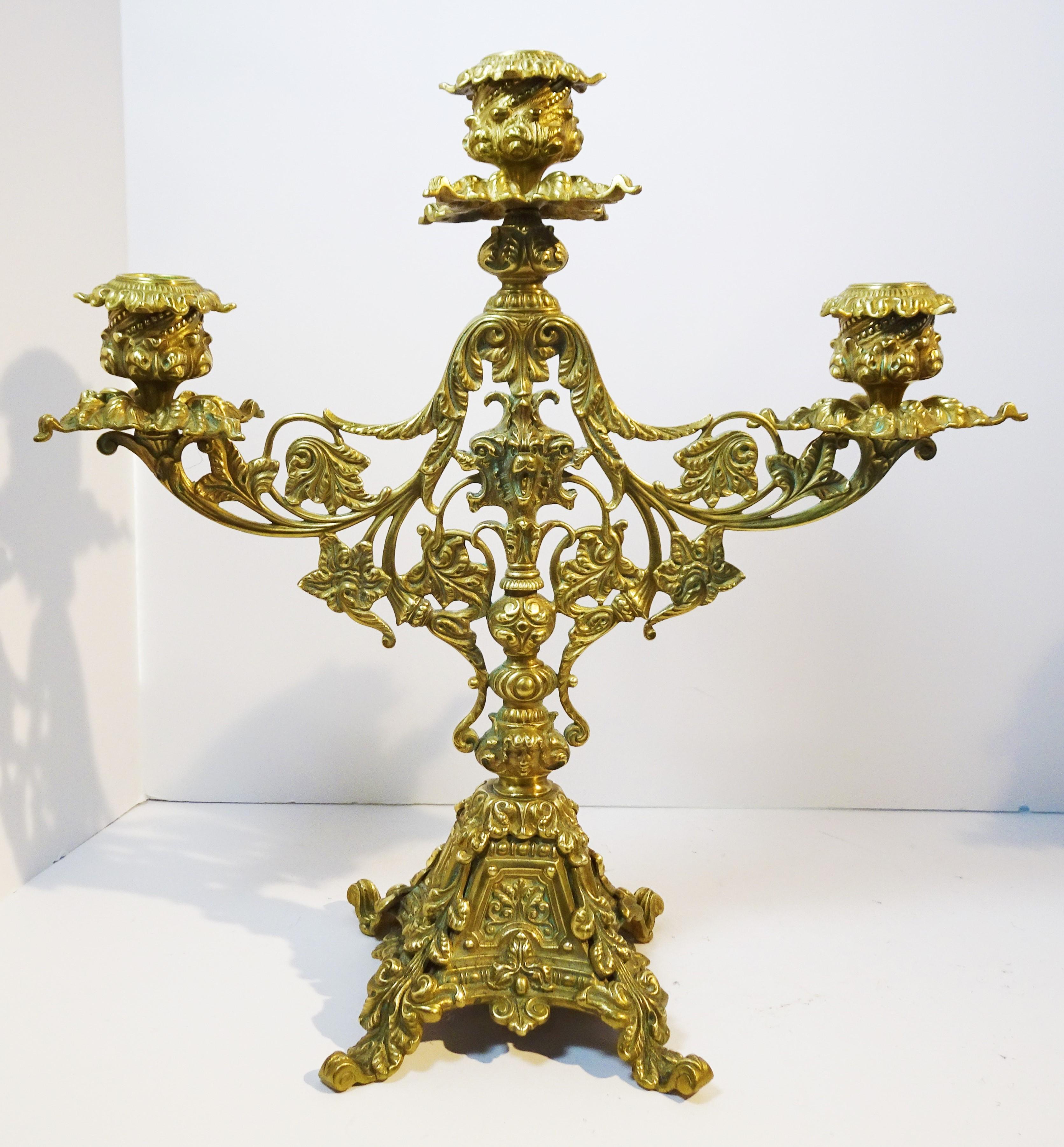Belle Époque Pair of Brass Belle Epoque Baroque-Style Three-Light Candelabra, circa 1890 For Sale