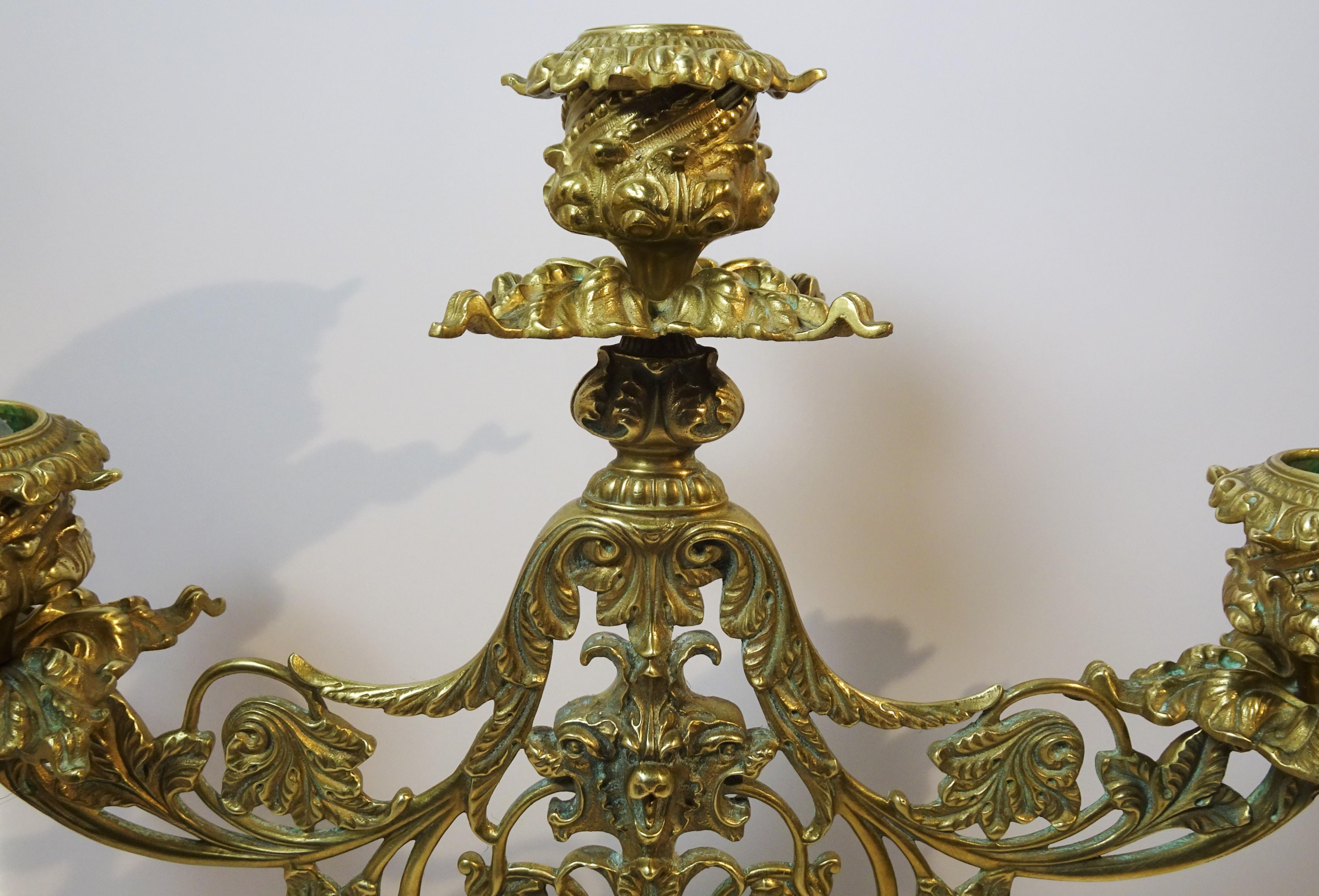 Cast Pair of Brass Belle Epoque Baroque-Style Three-Light Candelabra, circa 1890 For Sale