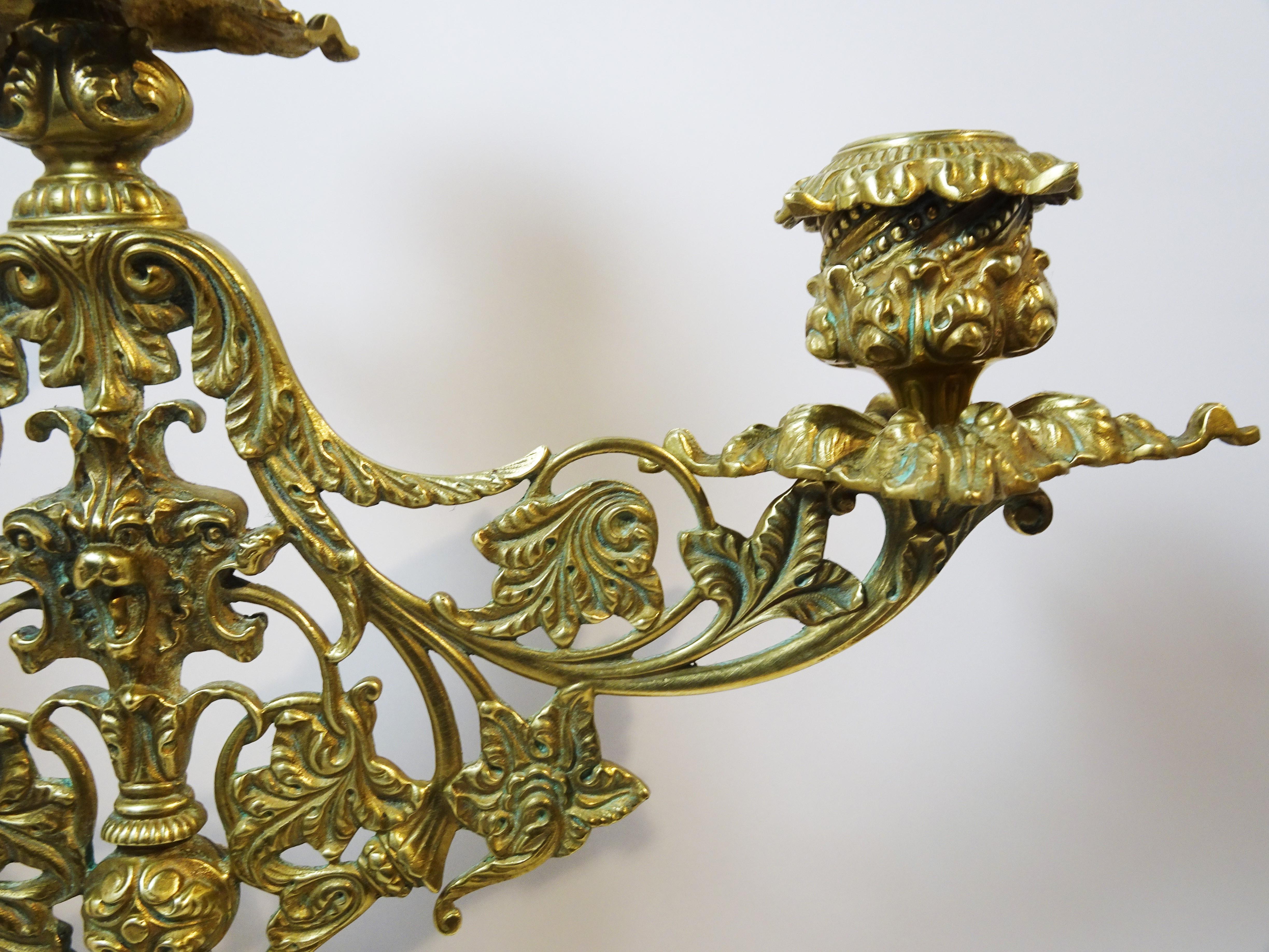 Pair of Brass Belle Epoque Baroque-Style Three-Light Candelabra, circa 1890 In Good Condition For Sale In Quechee, VT