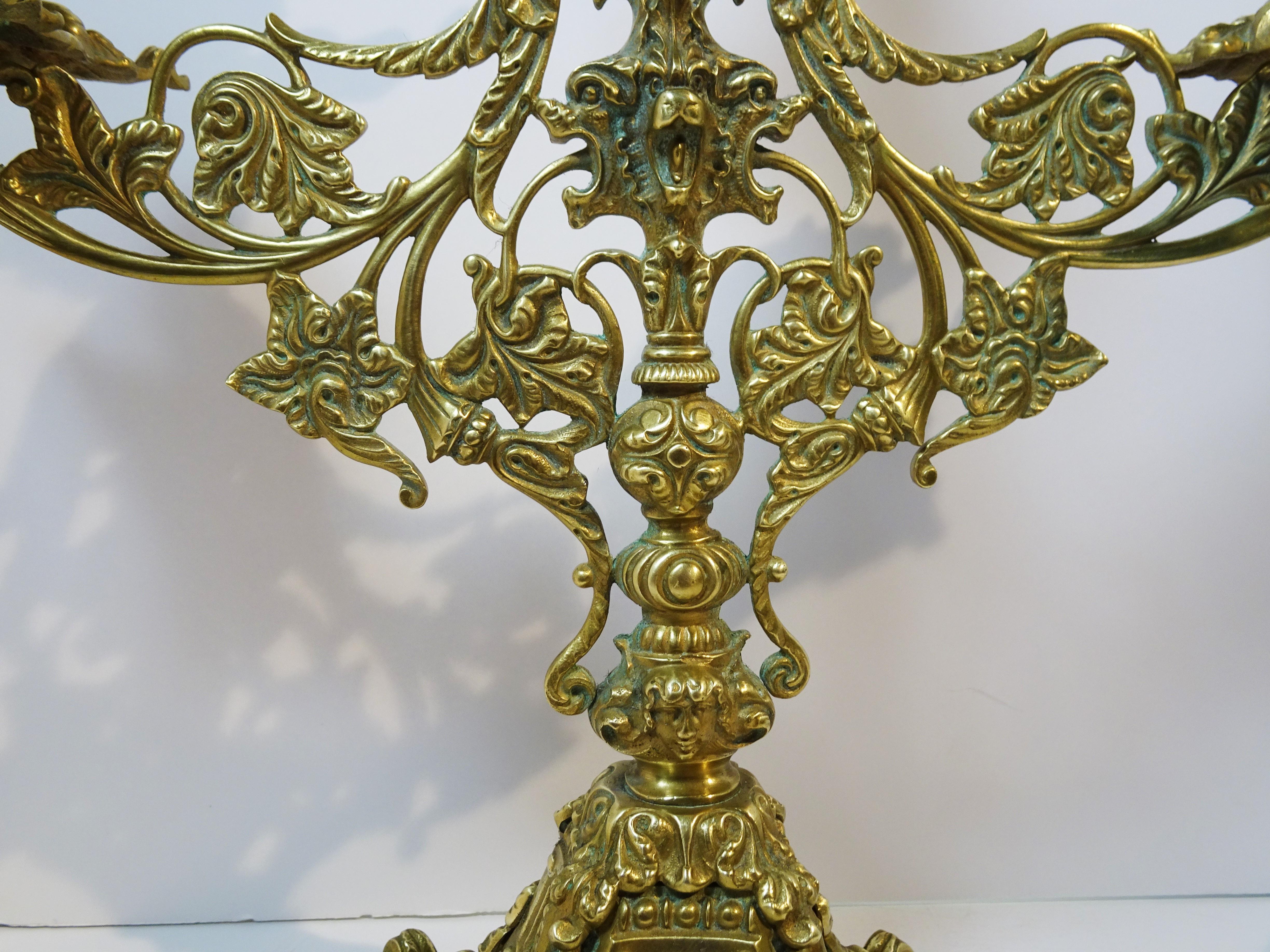 Late 19th Century Pair of Brass Belle Epoque Baroque-Style Three-Light Candelabra, circa 1890 For Sale